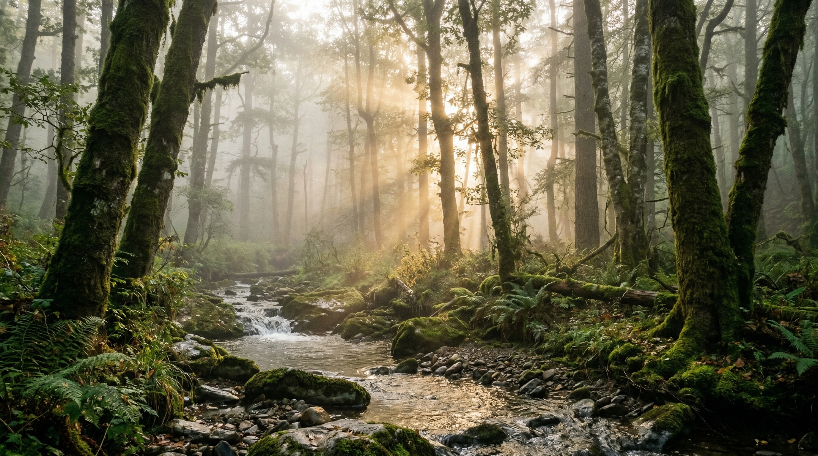 Misty forest at dawn with sunlight filtering through trees and a gentle stream flowing over moss-covered rocks