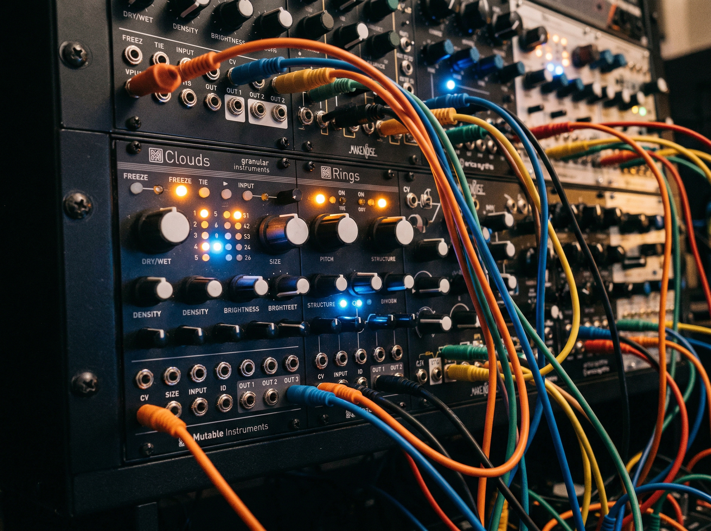 Modular synthesizer patch bay with cables connected, creating ambient electronic tones in a studio