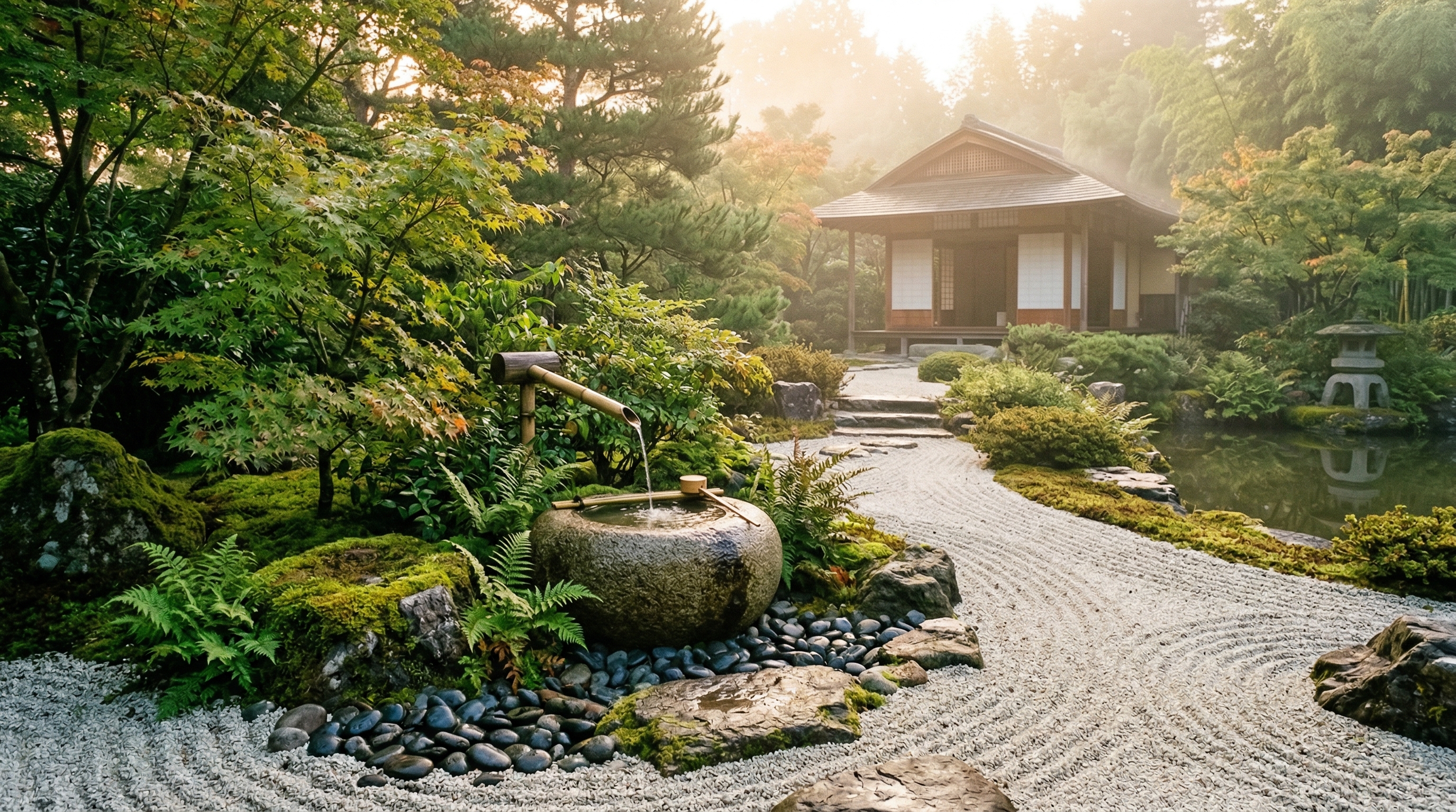 Peaceful zen garden with flowing water feature, morning light, and soft mist creating a serene spiritual atmosphere