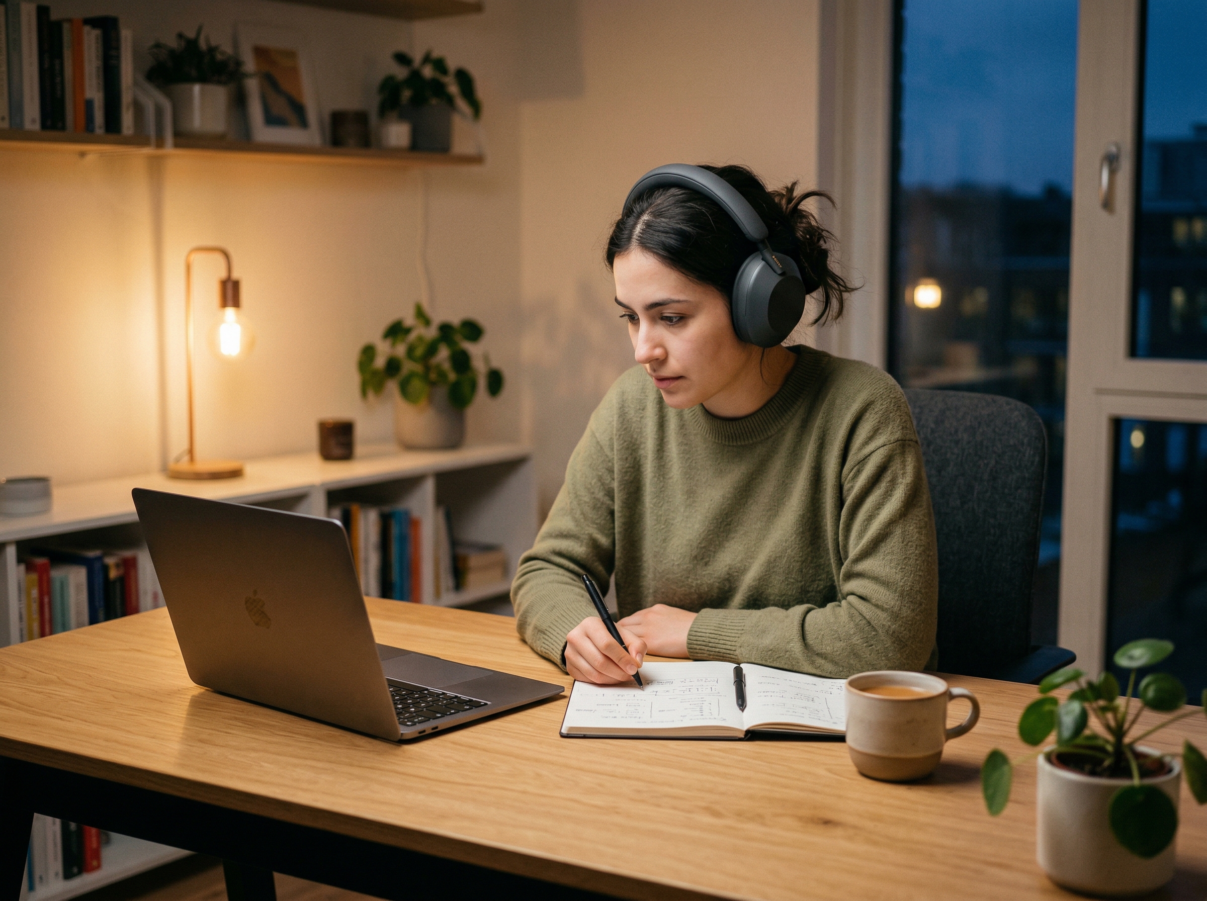 Person studying at a minimal desk with headphones on, laptop open, surrounded by soft ambient lighting