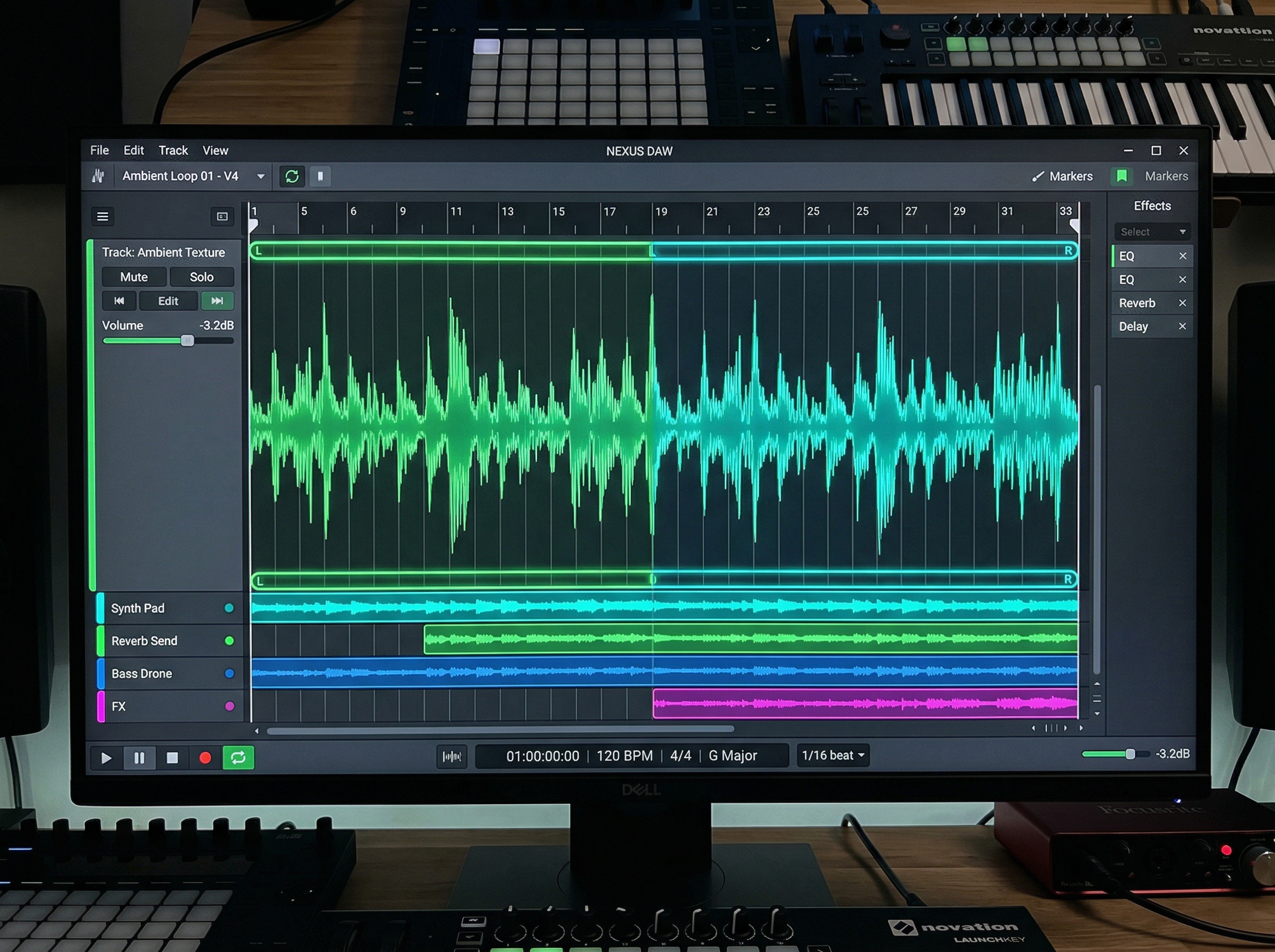 Seamless audio waveform forming a continuous loop pattern on a digital audio workstation screen
