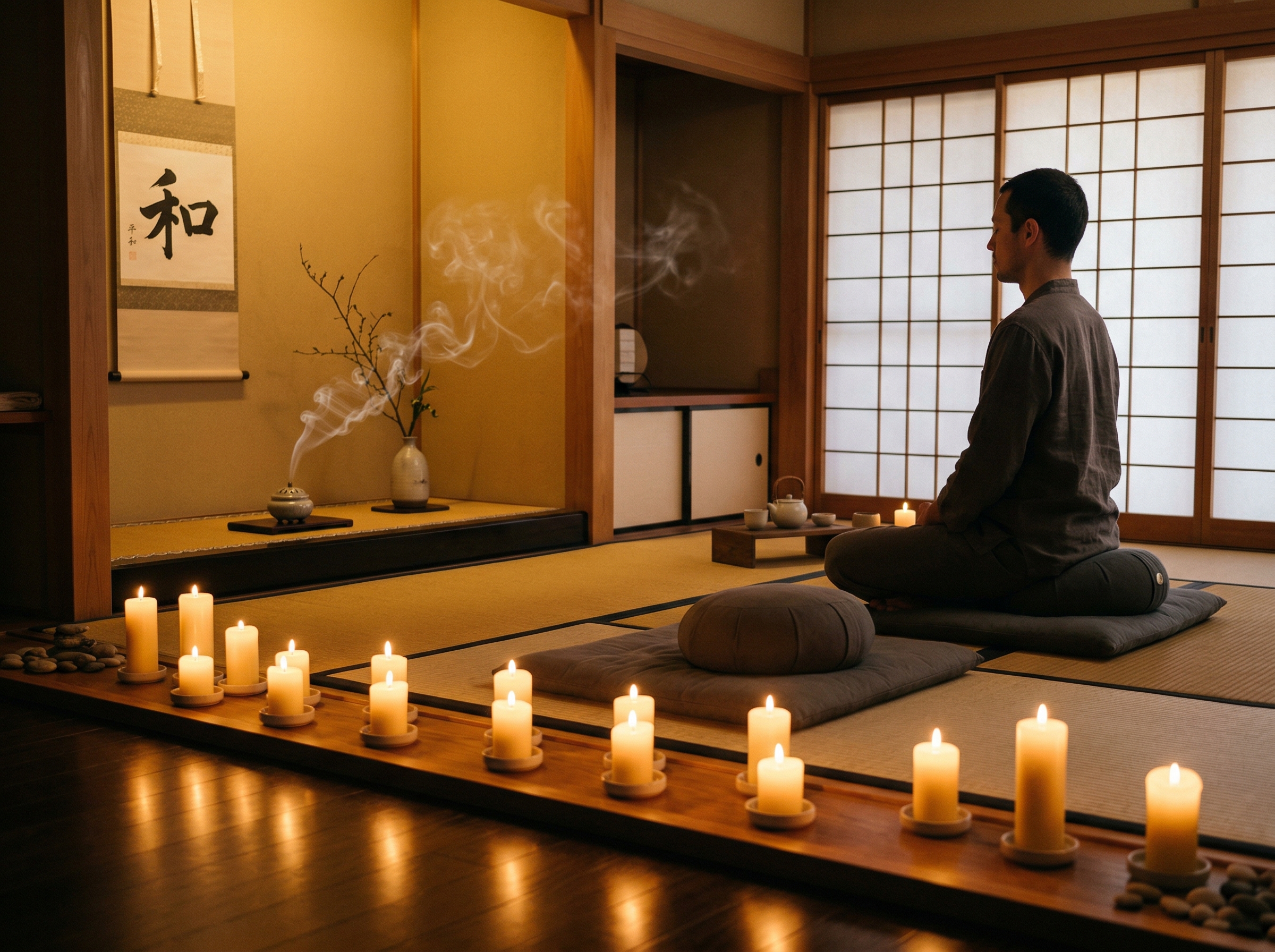 Serene meditation room with candles, cushions, and warm diffused light creating a peaceful atmosphere