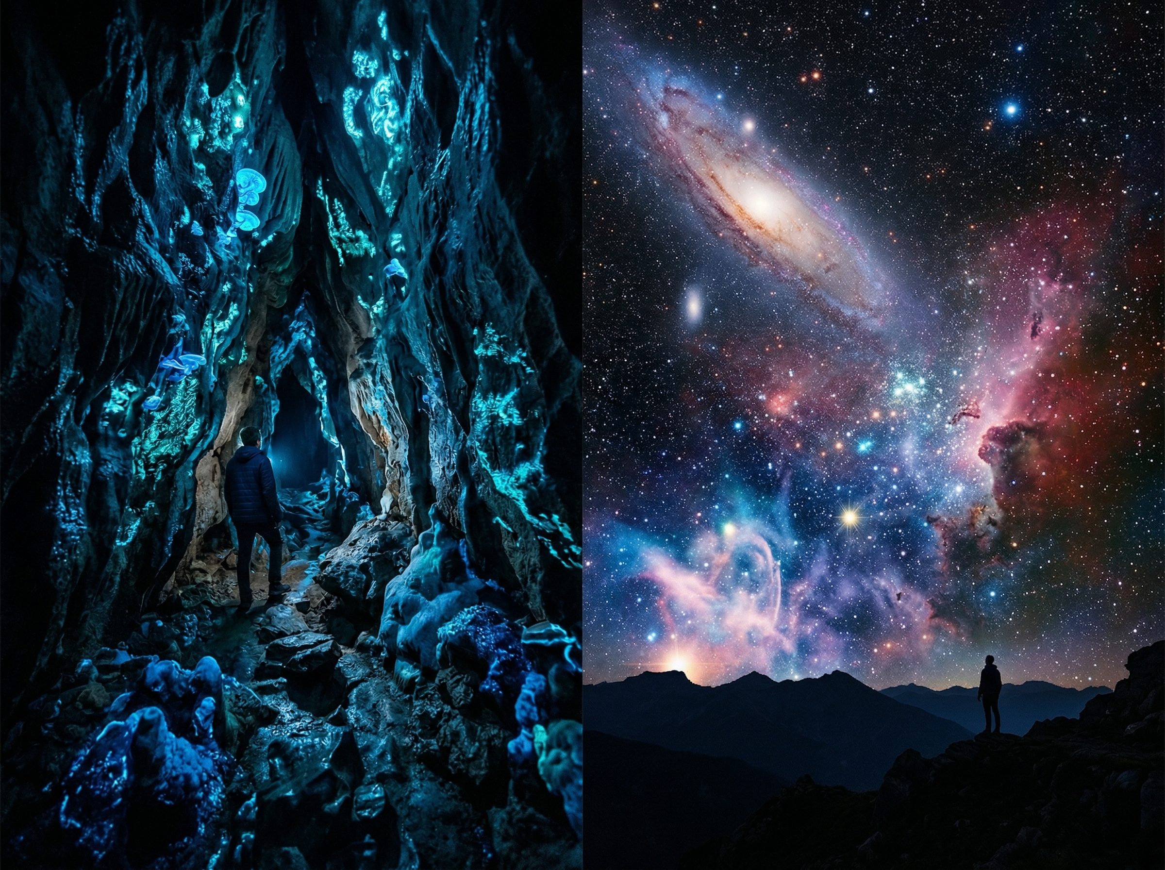 Split view of contrasting ambient environments — a dark cave on one side and a starlit cosmic scene on the other