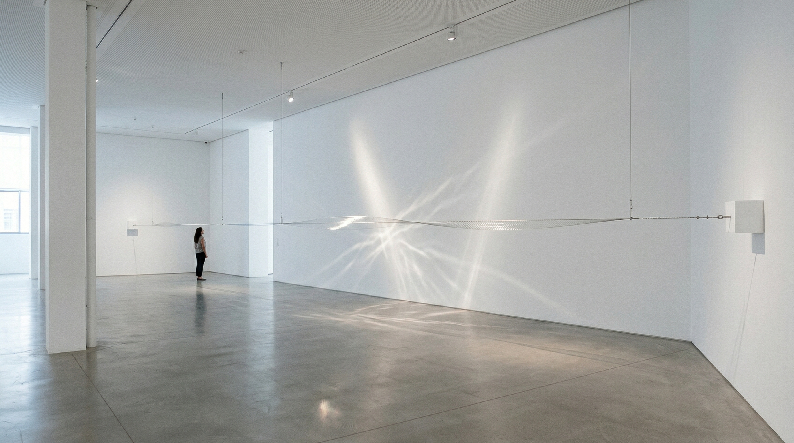 Minimalist sound installation with a single vibrating string creating sustained harmonics in a white gallery space