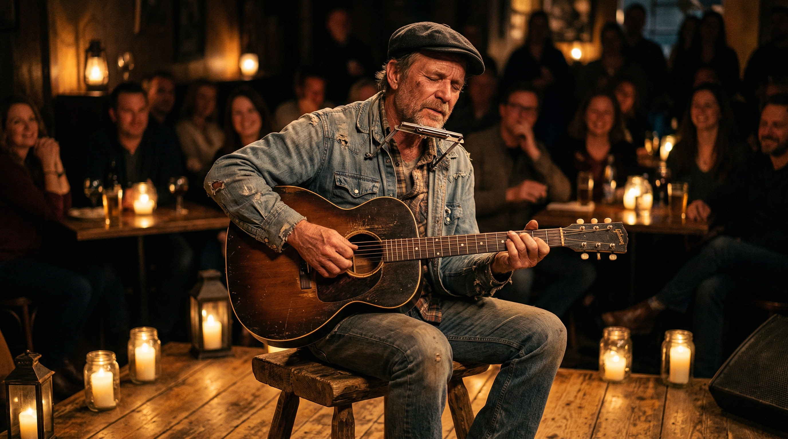 Acoustic blues musician playing fingerstyle guitar on a rustic wooden stage with warm candlelight