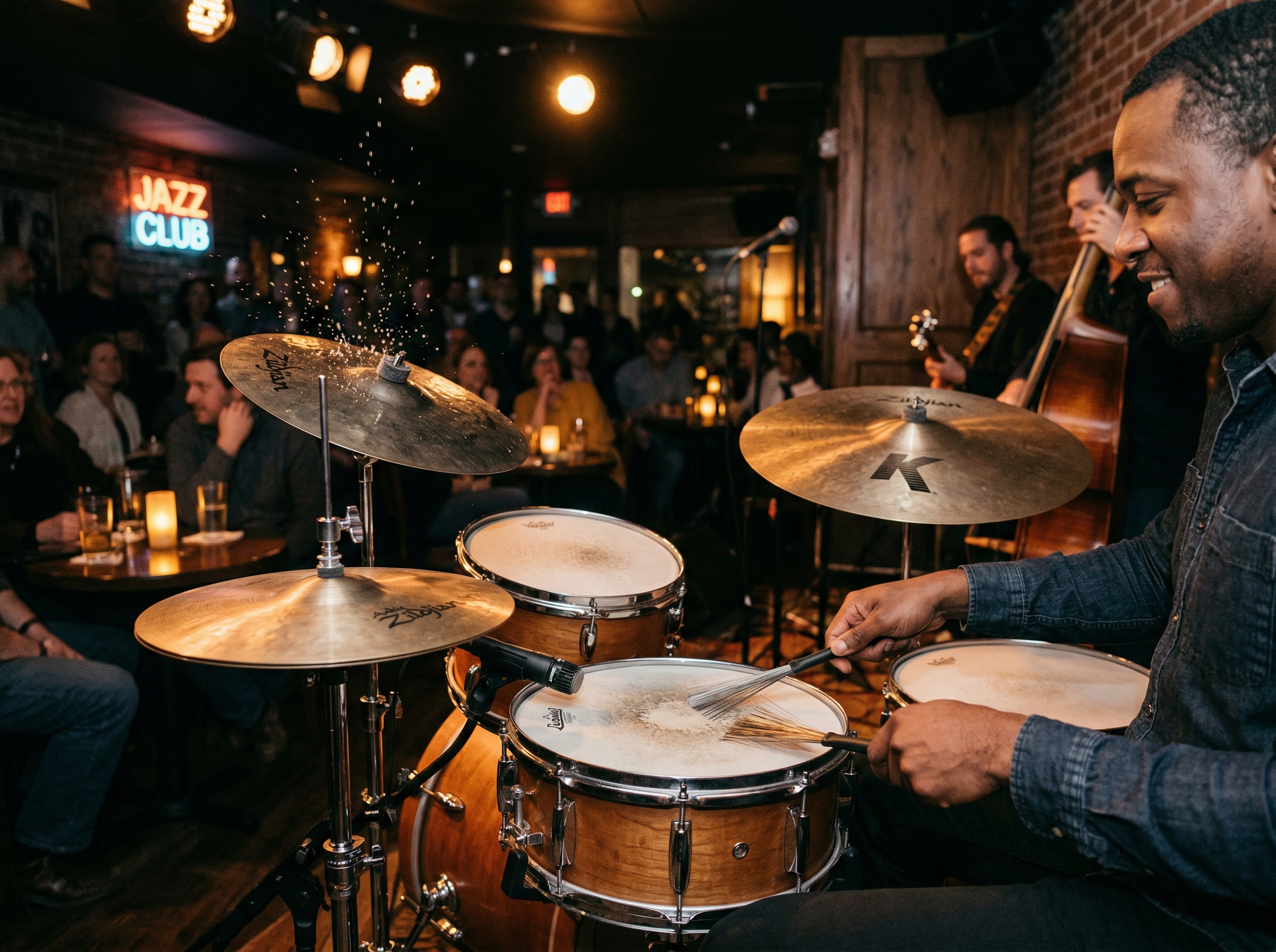 Drummer playing shuffle rhythm on drum kit with brushes in a blues club setting