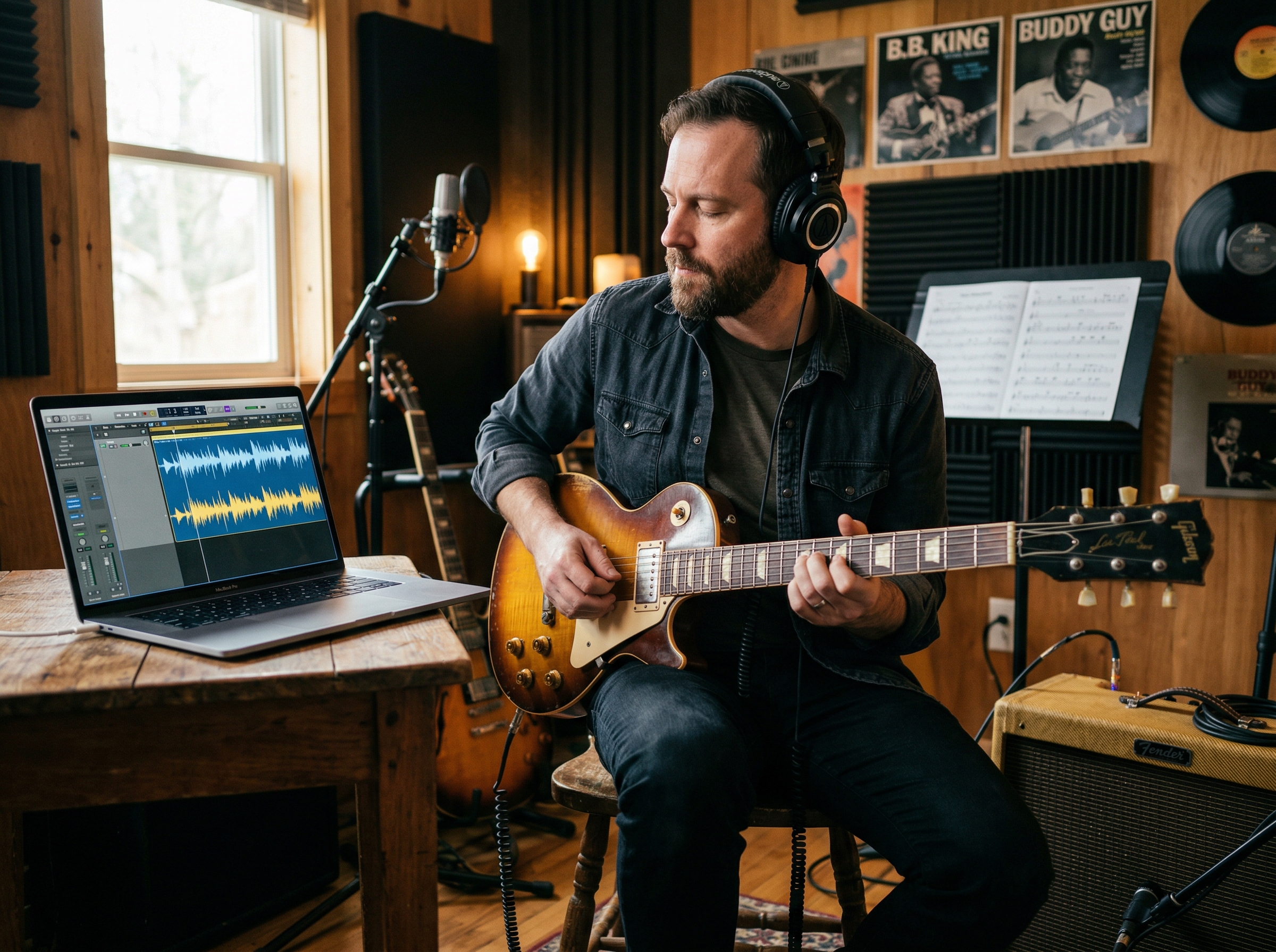 Guitar player practicing blues improvisation with headphones and laptop showing jam track