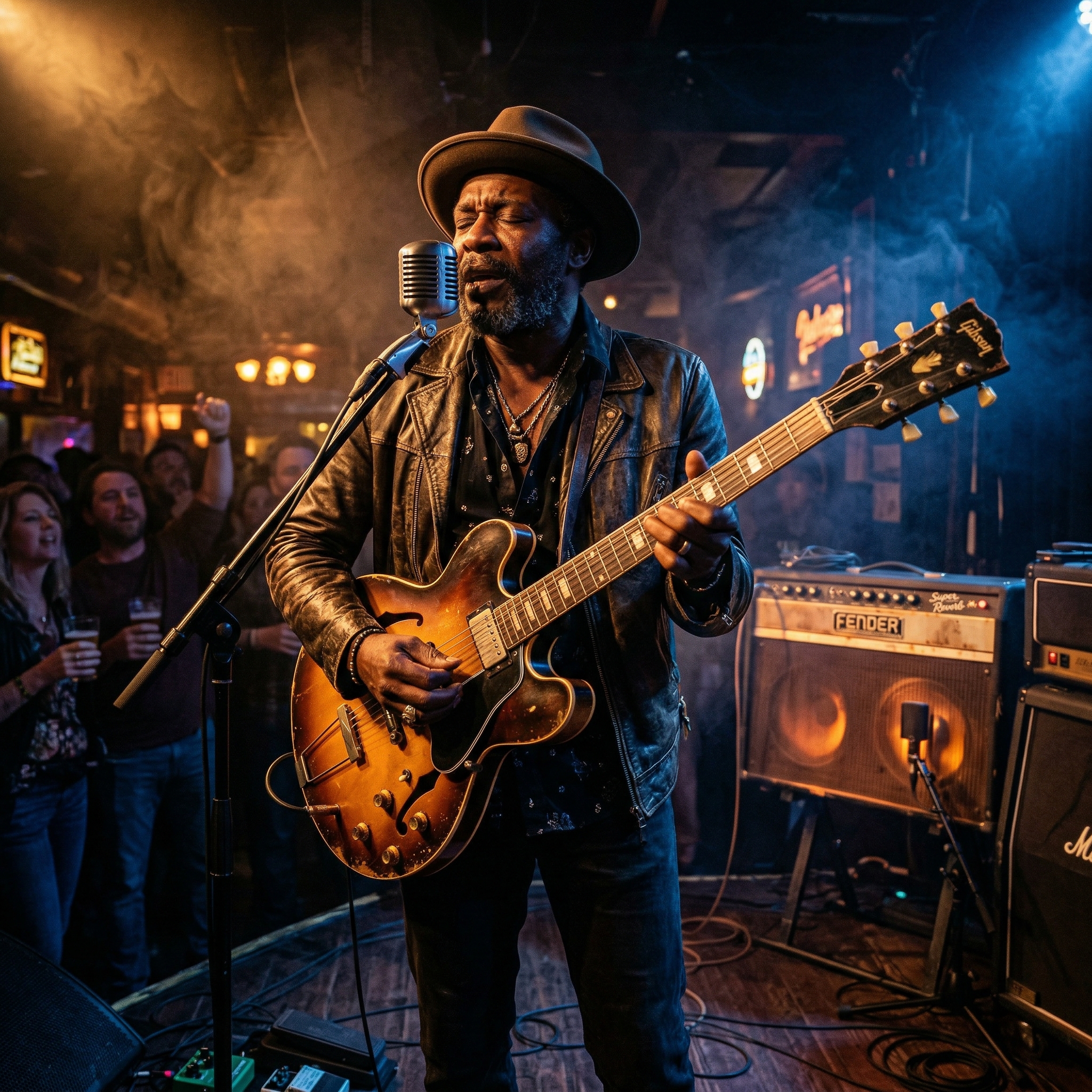 Blues musician playing electric guitar in a dimly lit club with warm stage lighting