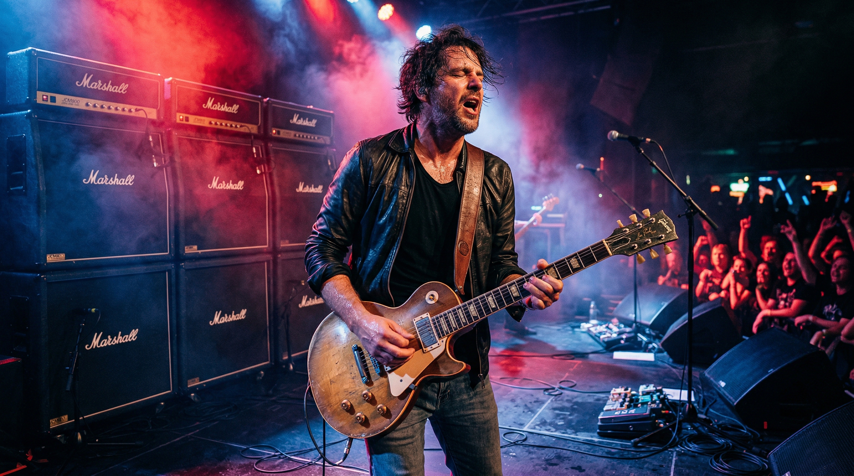 Blues-rock guitarist performing an intense solo on stage with dramatic backlighting and amplifier stacks