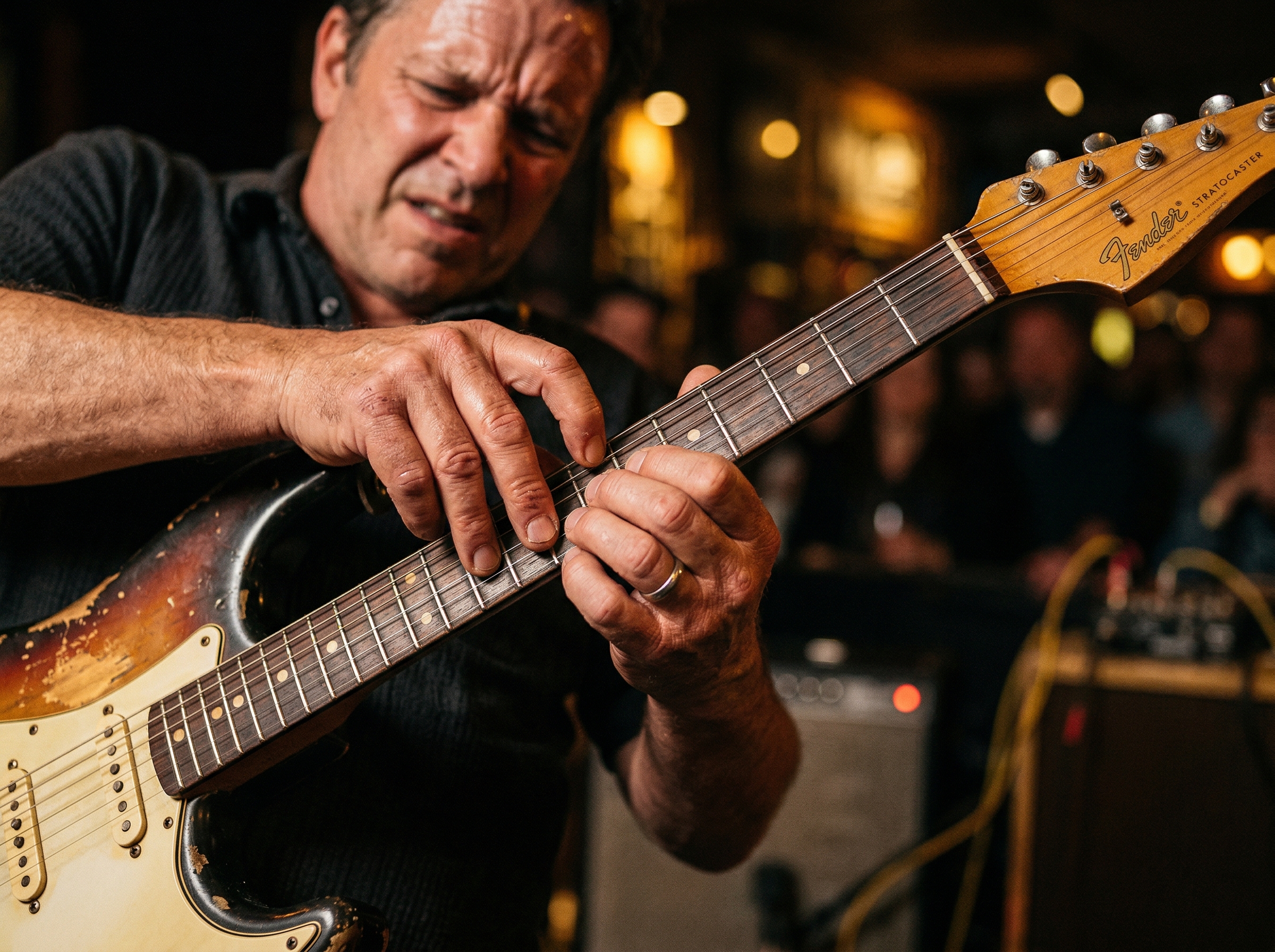 Close-up of blues guitarist's hands bending strings on a vintage electric guitar