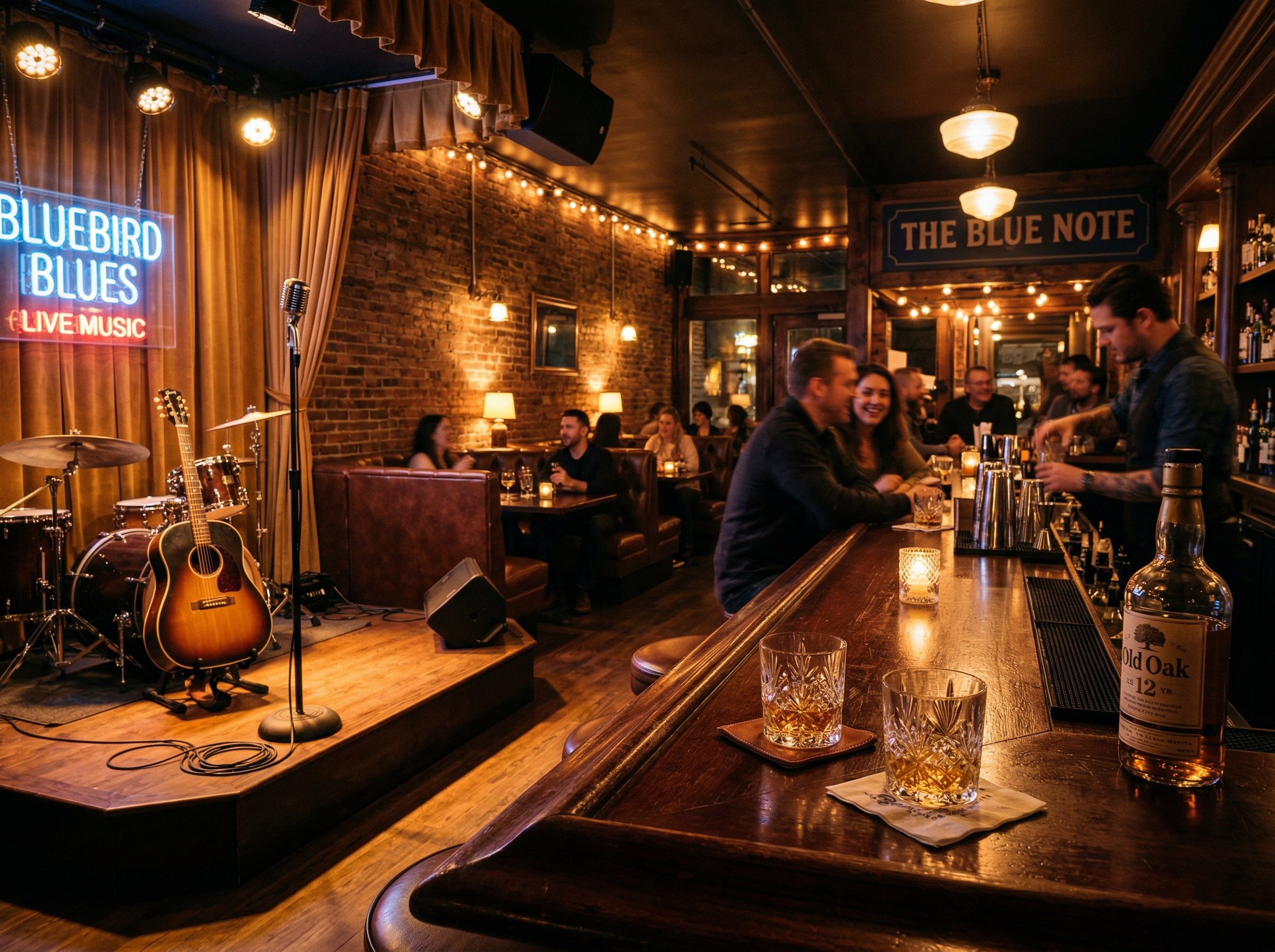 Cozy blues bar interior with warm ambient lighting and live music stage