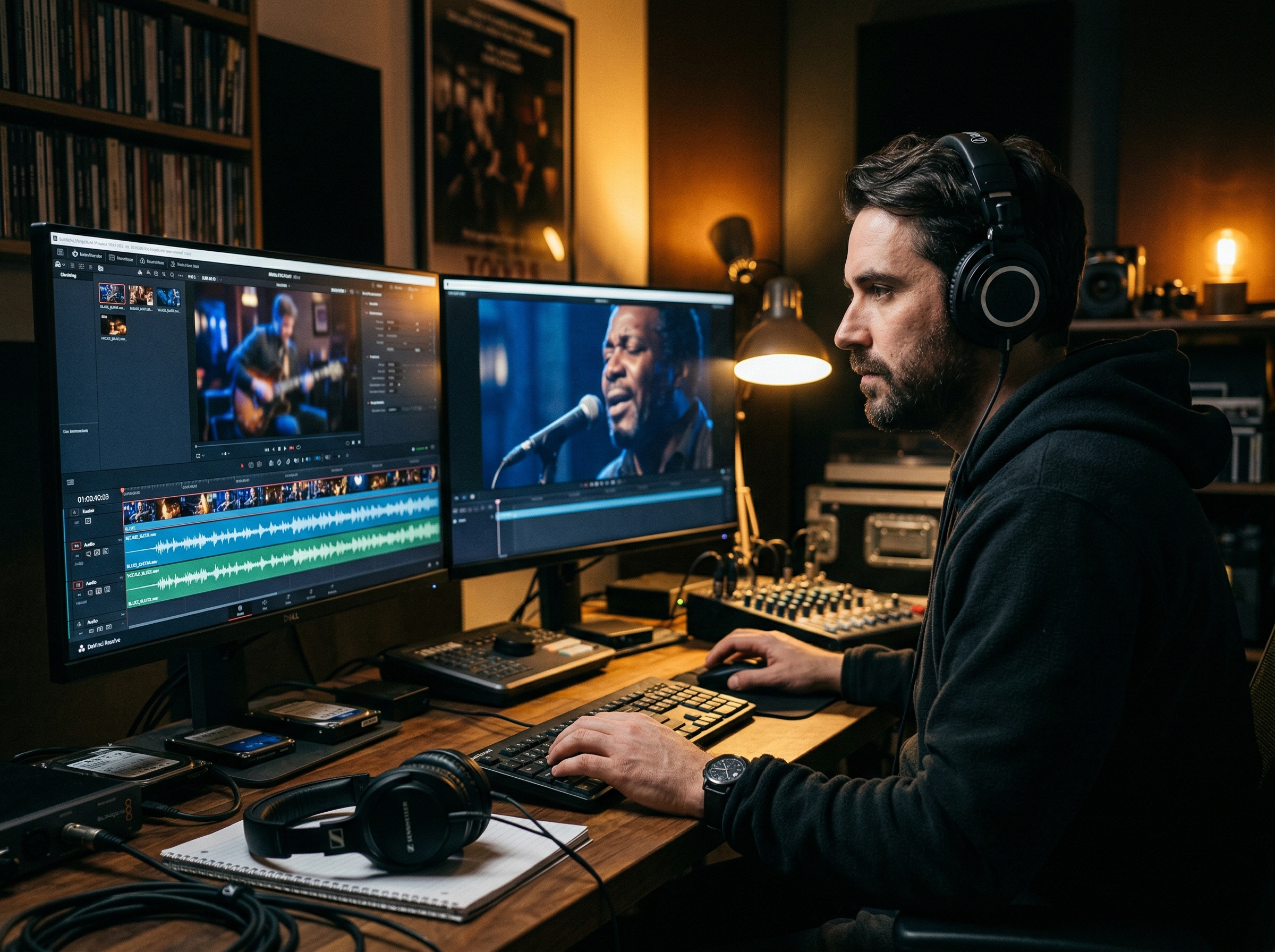 Documentary filmmaker editing footage with blues music waveforms on screen