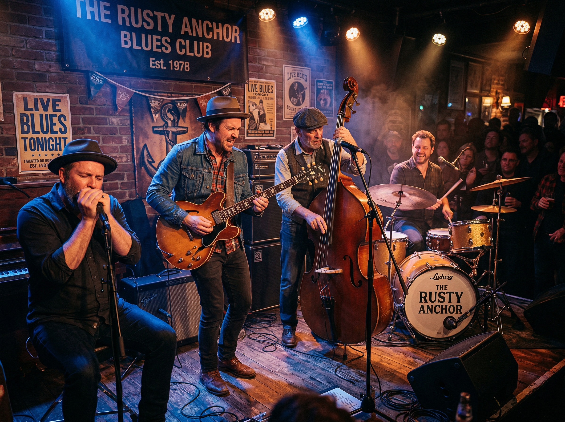 Blues band performing on stage with guitar, harmonica, bass, and drums under warm lights