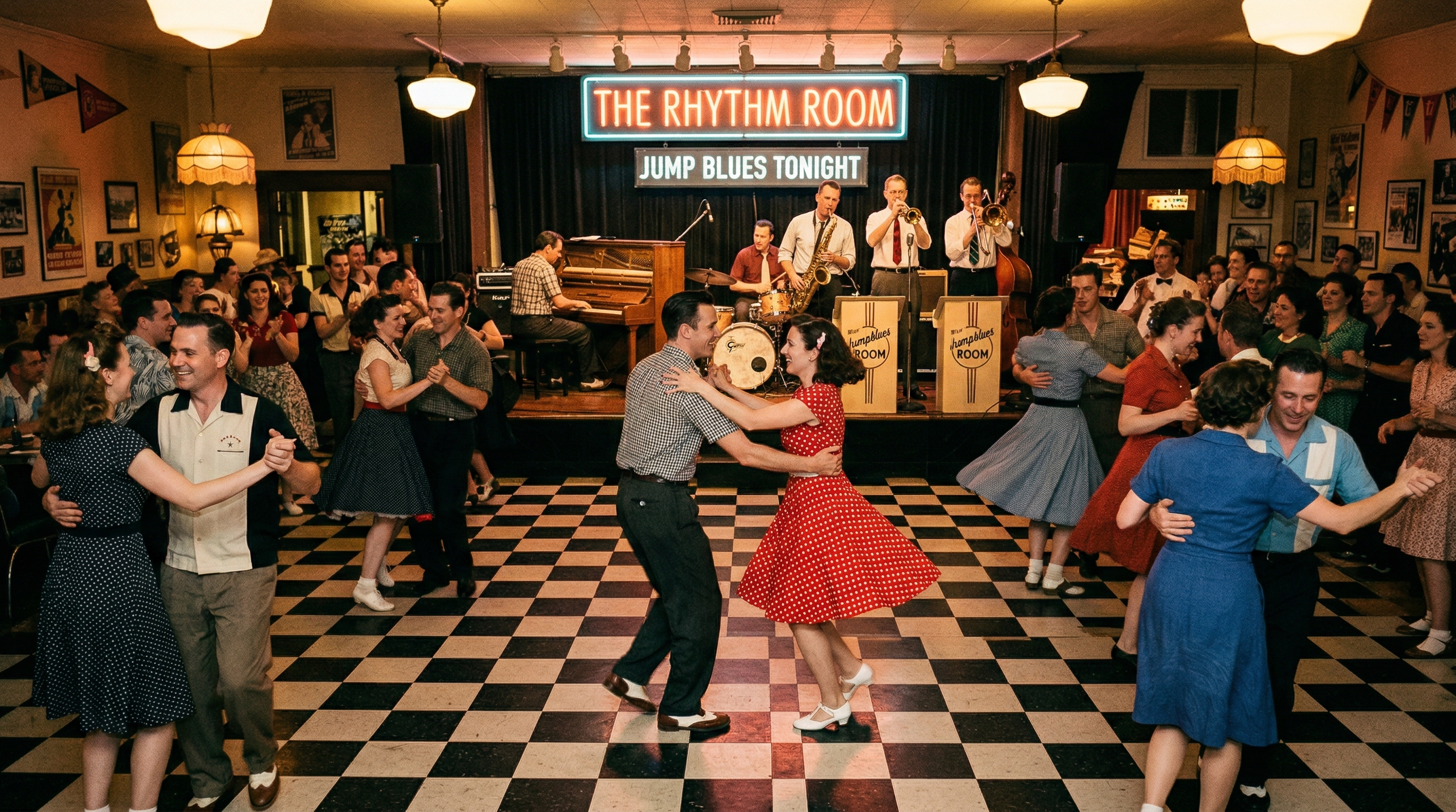 Lively 1950s-style dance hall with couples swing dancing to a jump blues band on stage