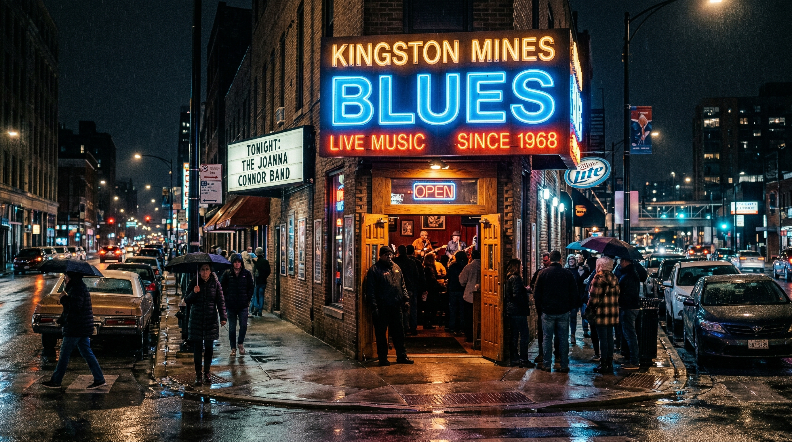Neon-lit Chicago blues club exterior at night with electric guitar silhouette in the window