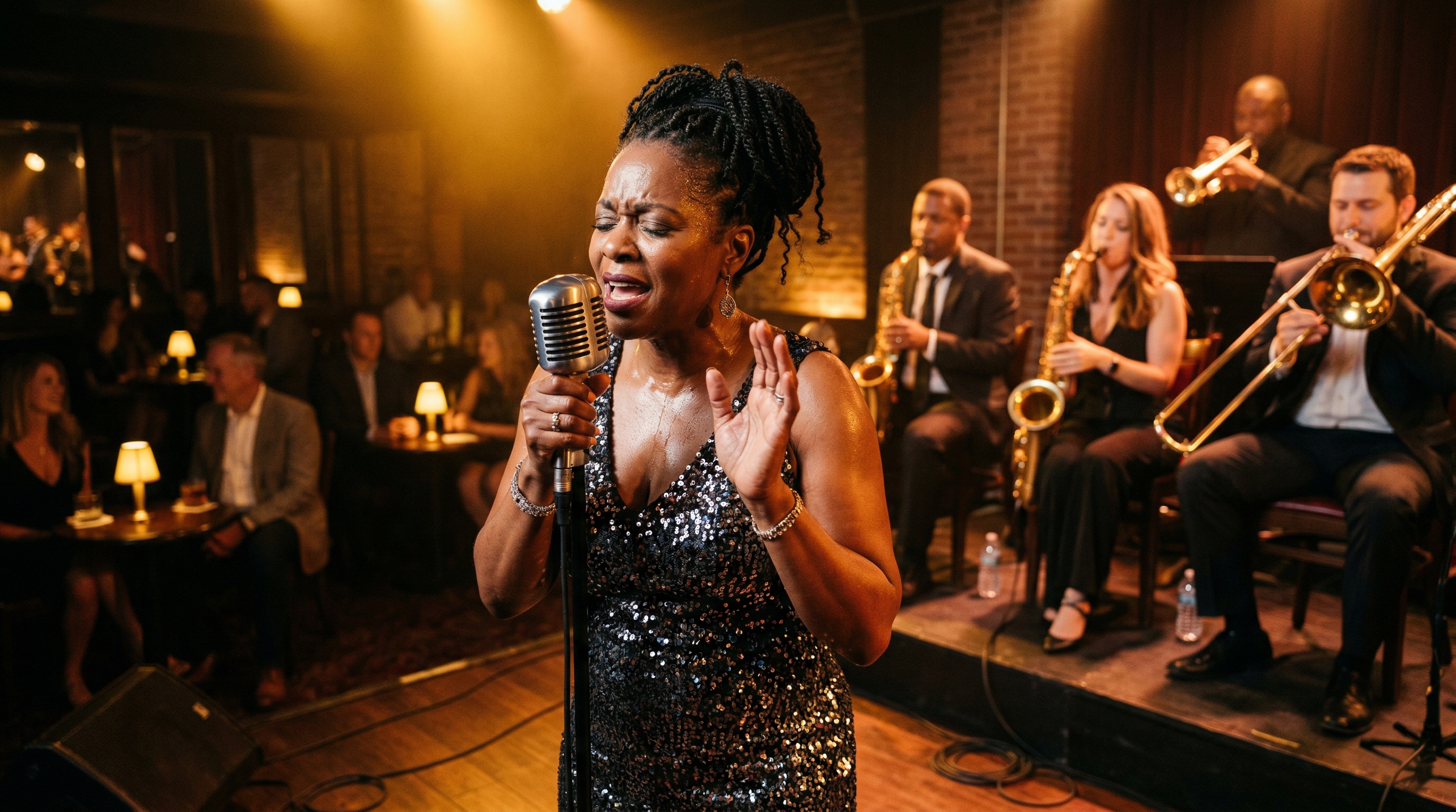 Soul blues performer singing passionately into a vintage microphone with warm golden stage light