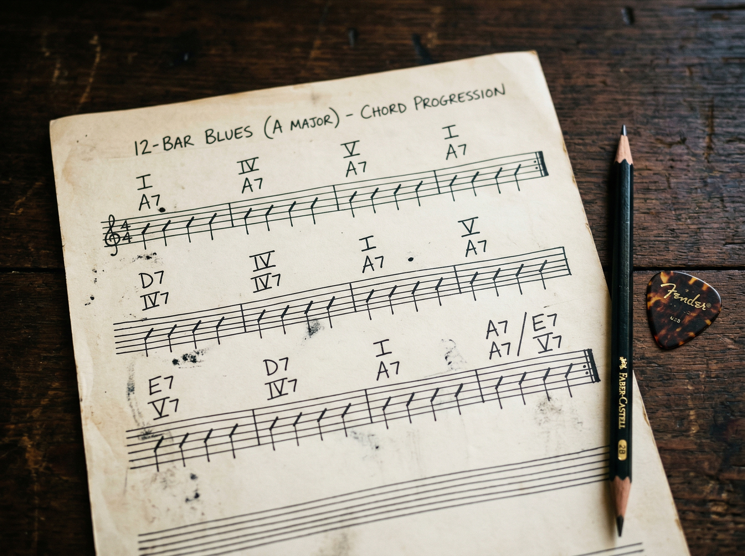 Musical notation showing classic 12-bar blues chord progression on vintage sheet music
