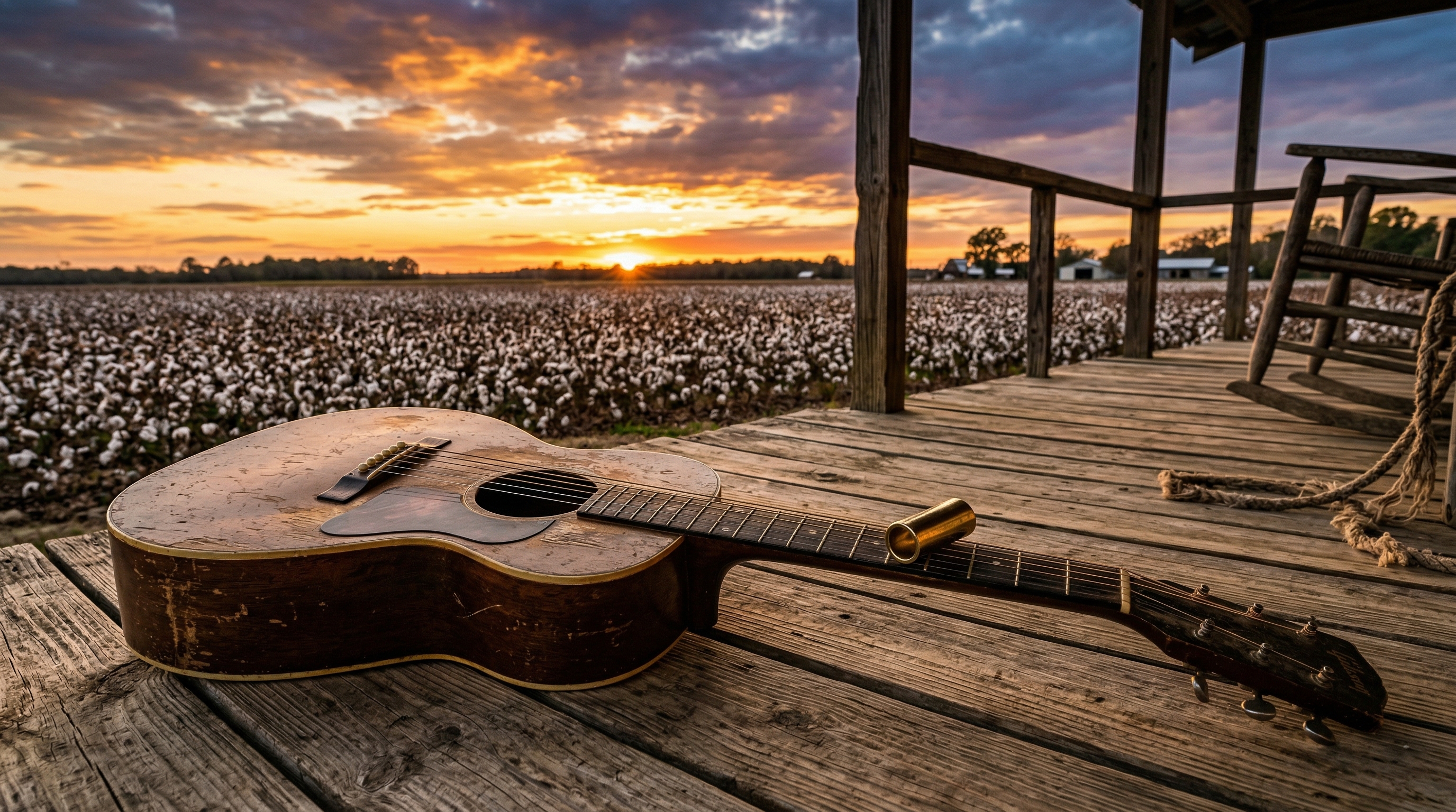 Weathered acoustic guitar leaning against a wooden porch post in the Mississippi Delta at sunset