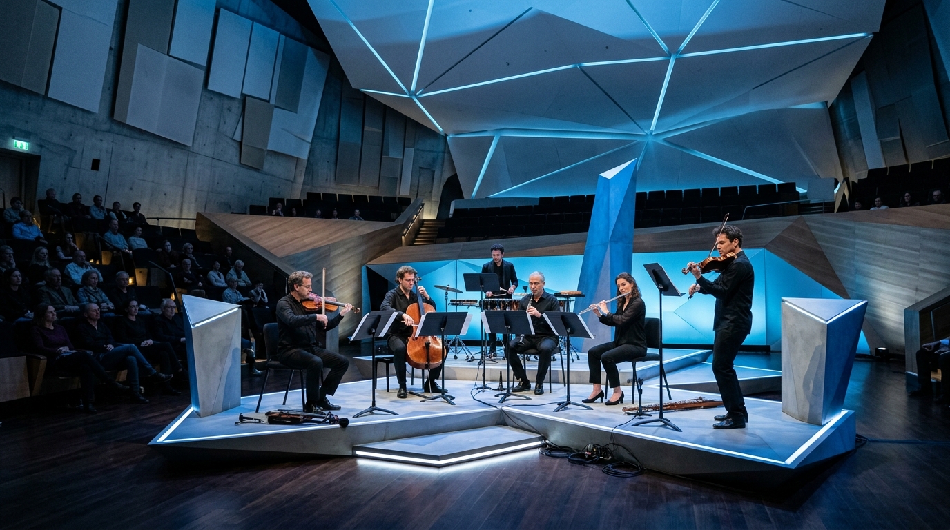 Modern concert hall with contemporary orchestra performing avant-garde classical composition