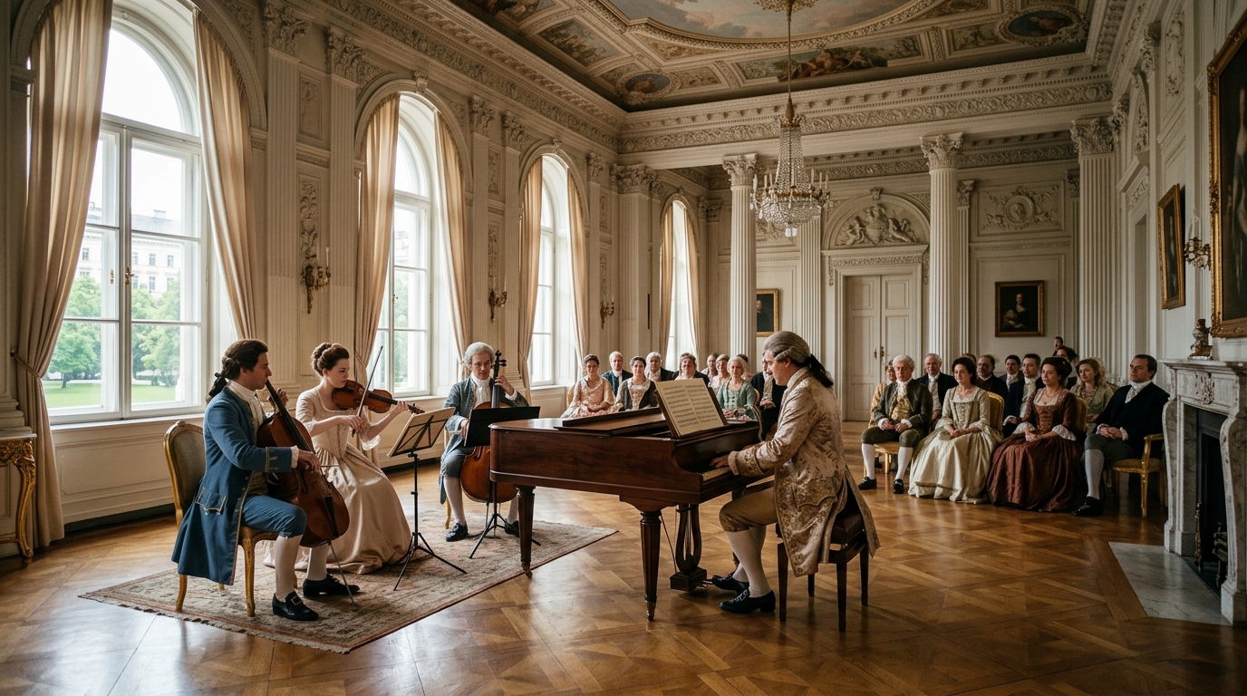 Elegant Viennese concert salon with grand piano and chamber musicians in classical period setting