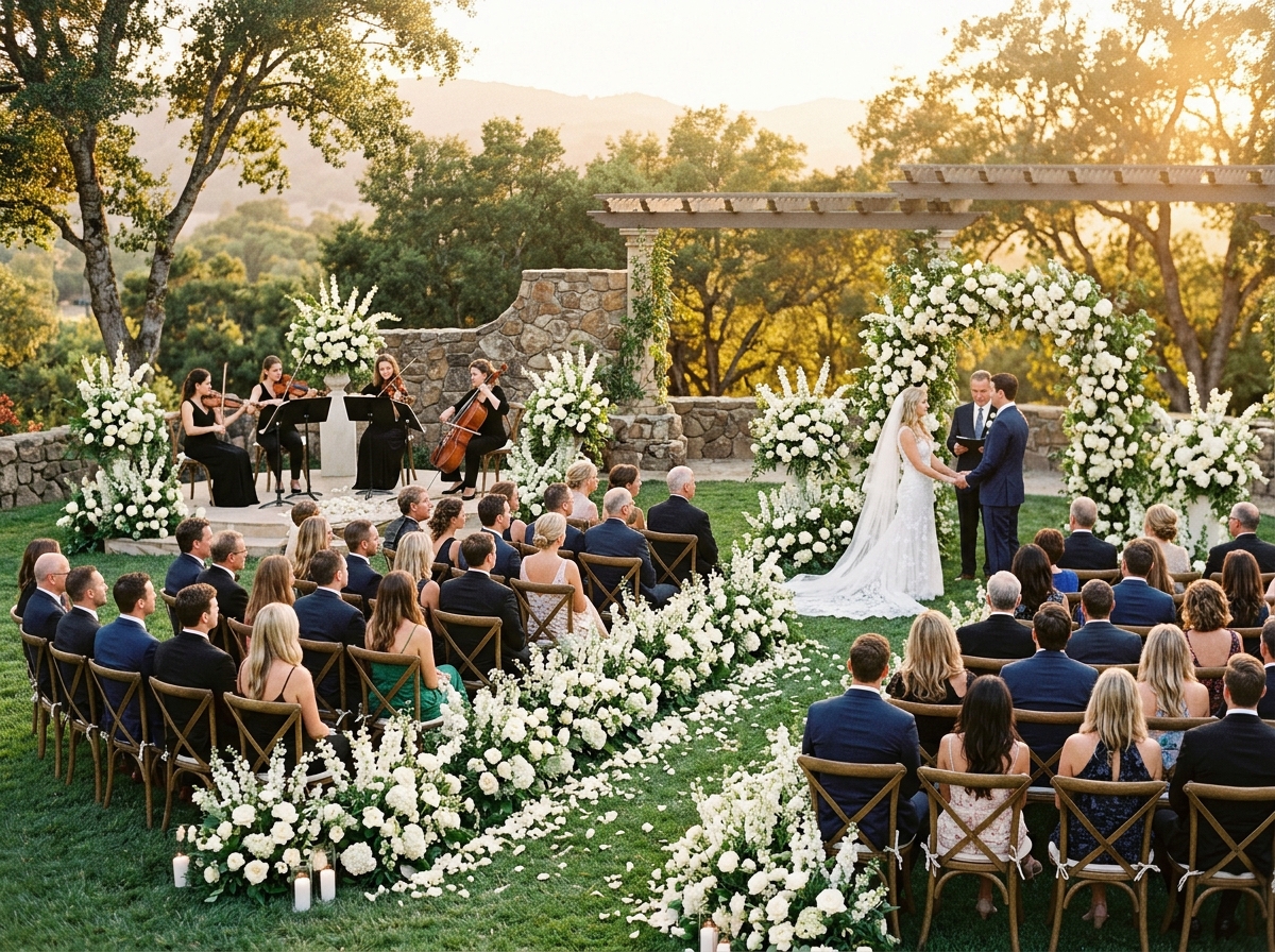 Elegant wedding ceremony venue with string quartet performing classical music among floral arrangements