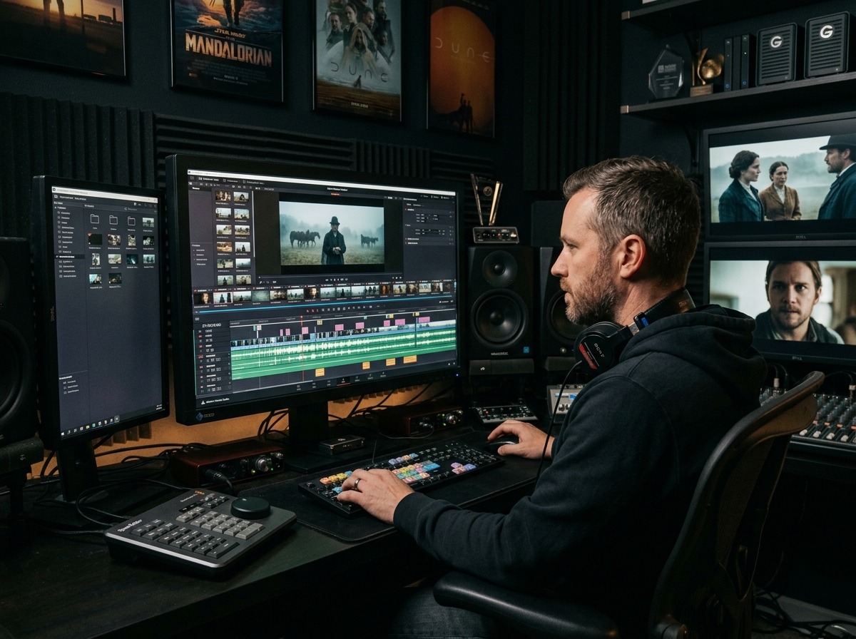 Film editor working with orchestral music on a timeline in a professional video editing suite