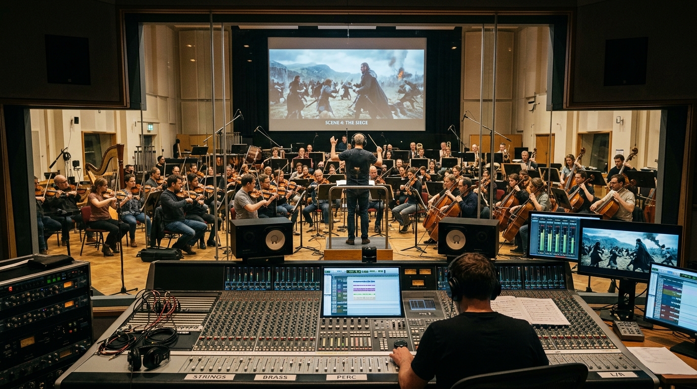 Film scoring session in a professional studio with orchestra recording music for a cinematic project