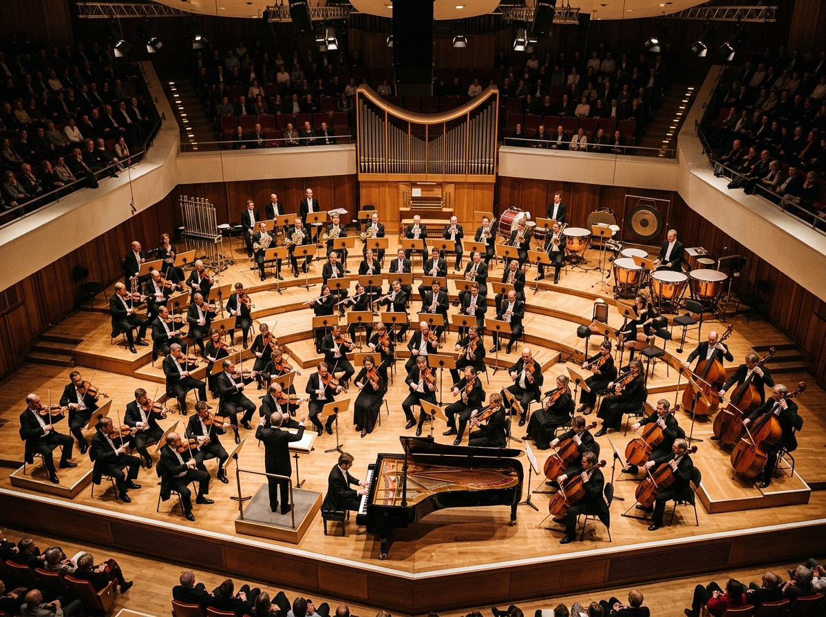 Full symphony orchestra on stage with string, woodwind, brass, and percussion sections visible