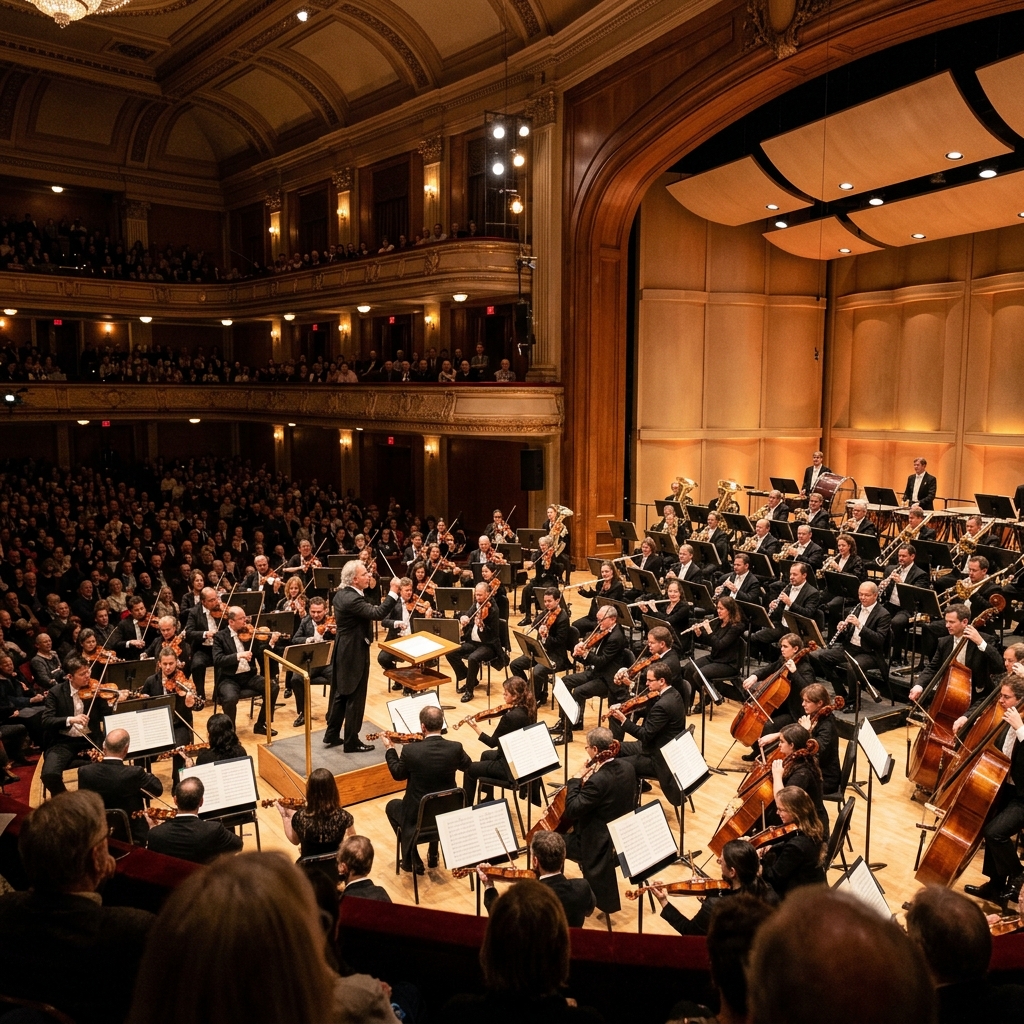 Grand concert hall with orchestra performing a classical composition under warm stage lighting