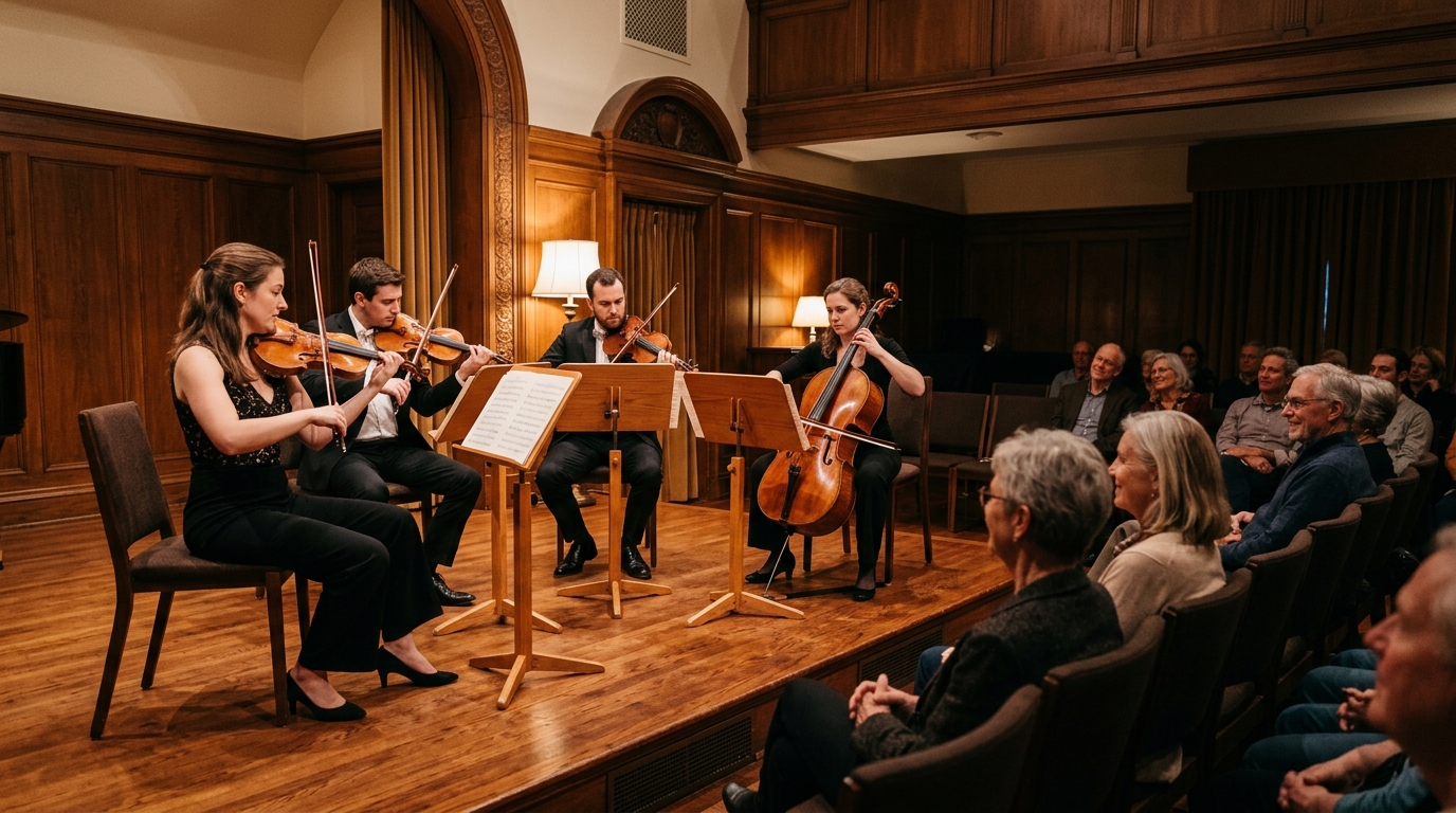 String quartet performing chamber music in an intimate recital hall with warm acoustic ambiance