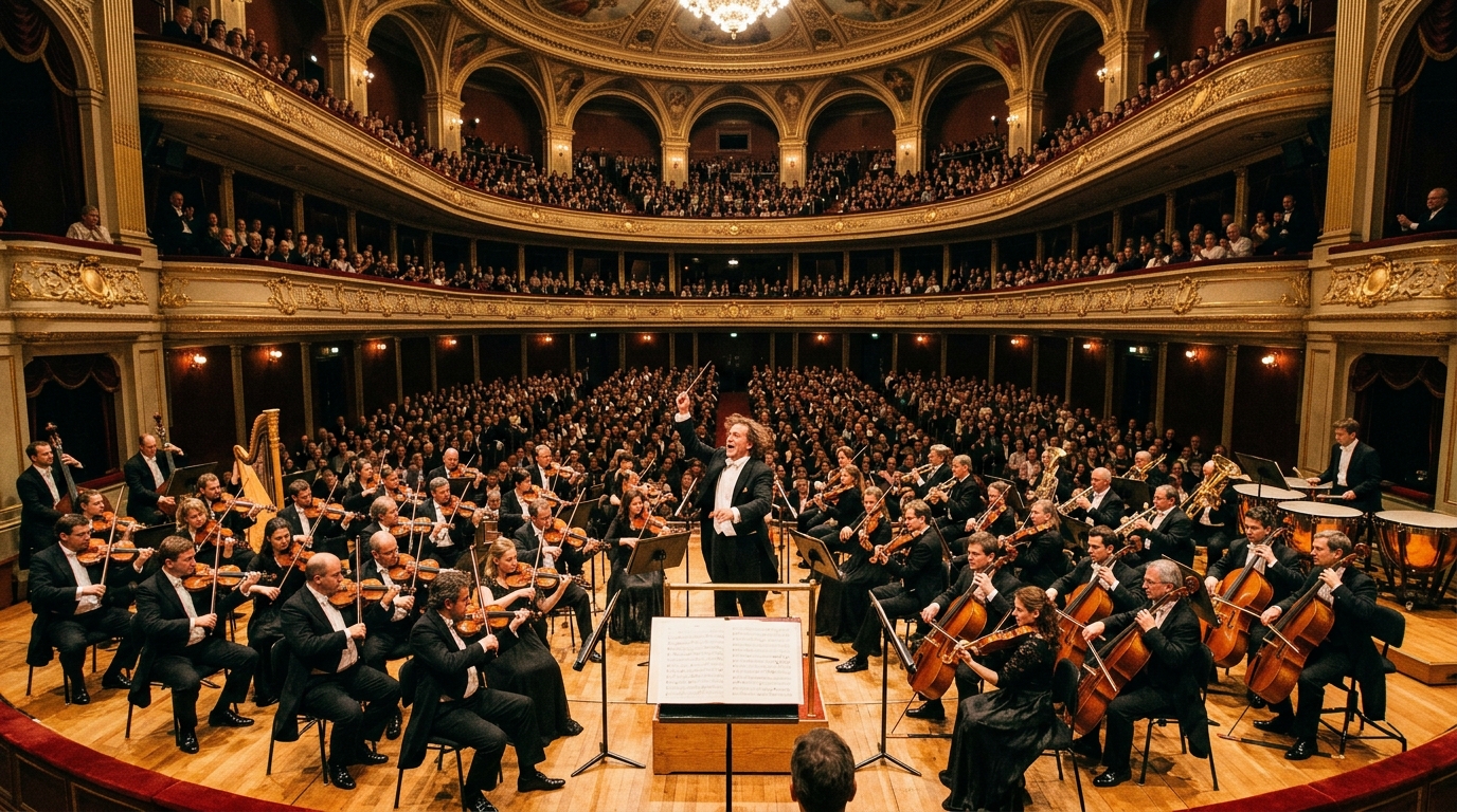 Romantic era concert scene with large orchestra performing under dramatic stage lighting