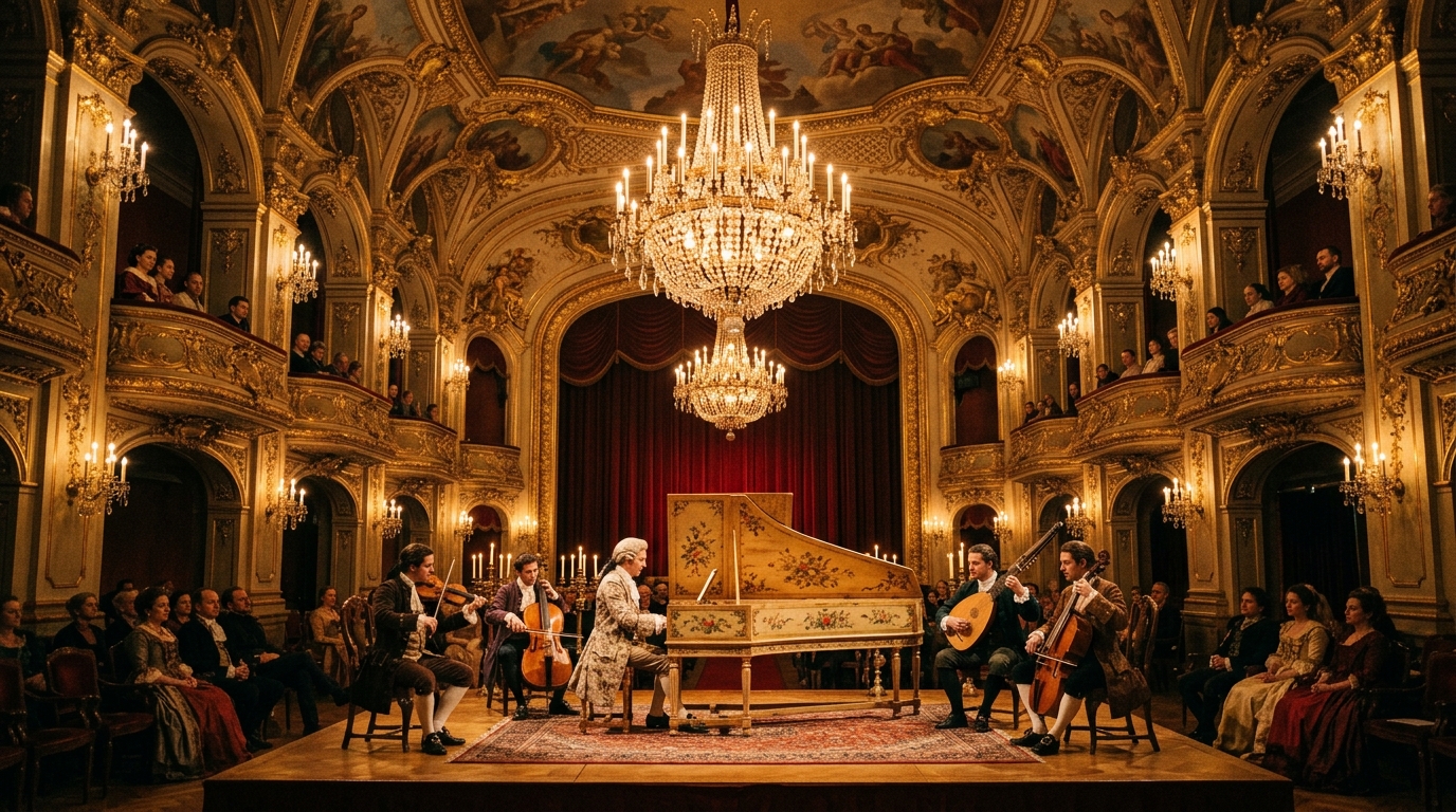Ornate Baroque concert hall with harpsichord and period instruments under candlelit chandeliers
