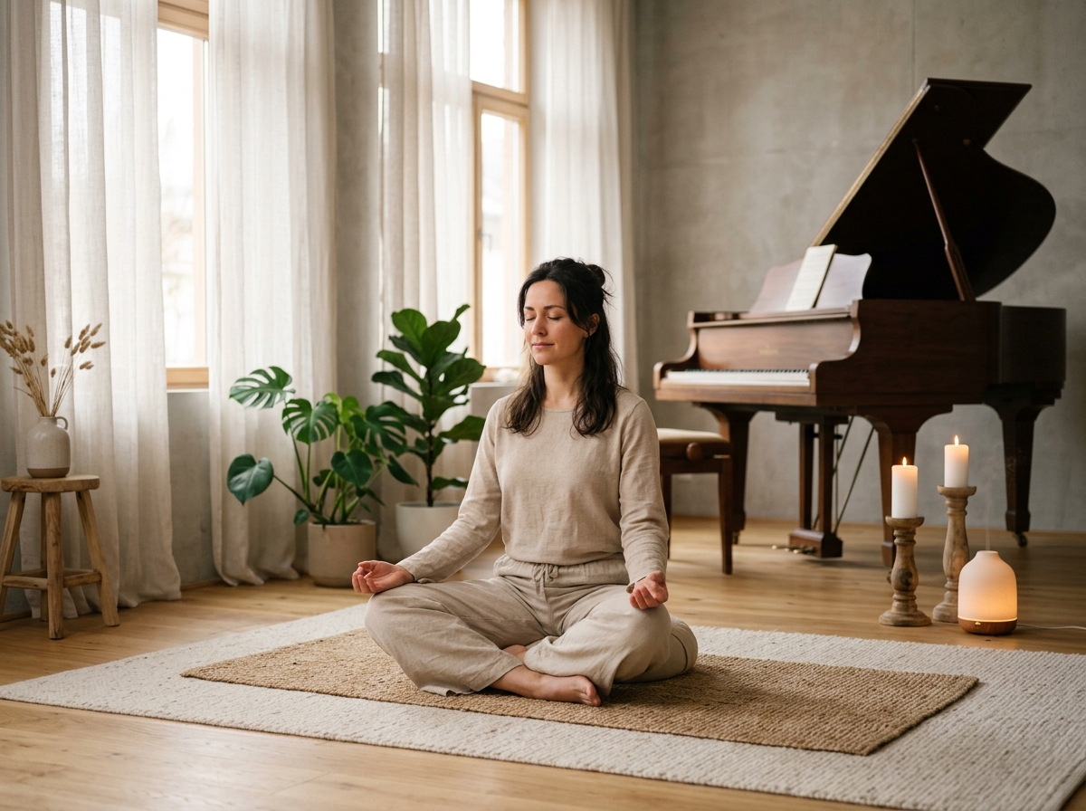 Person meditating in a peaceful room with soft lighting while classical piano music plays from nearby speakers