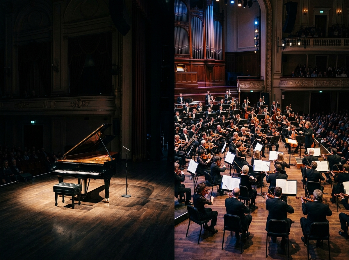 Split view showing a solo grand piano on one side and a full symphony orchestra on the other