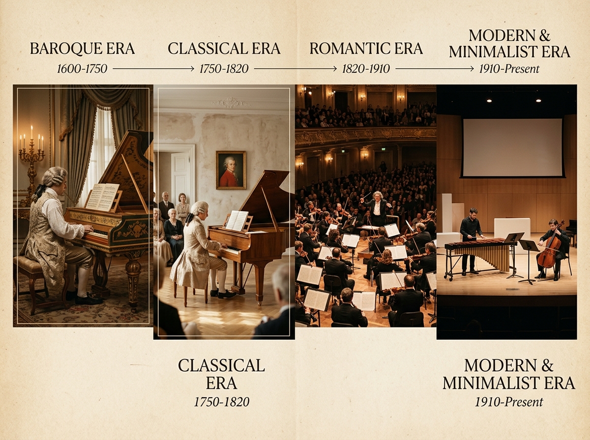 Timeline visualization showing the evolution of classical music eras from Baroque through Contemporary