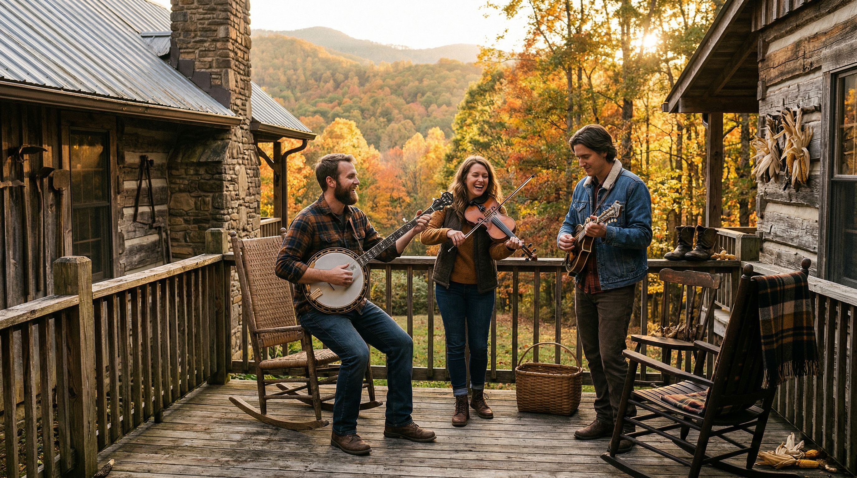 Bluegrass musicians playing banjo, mandolin, and fiddle on an Appalachian Mountain porch
