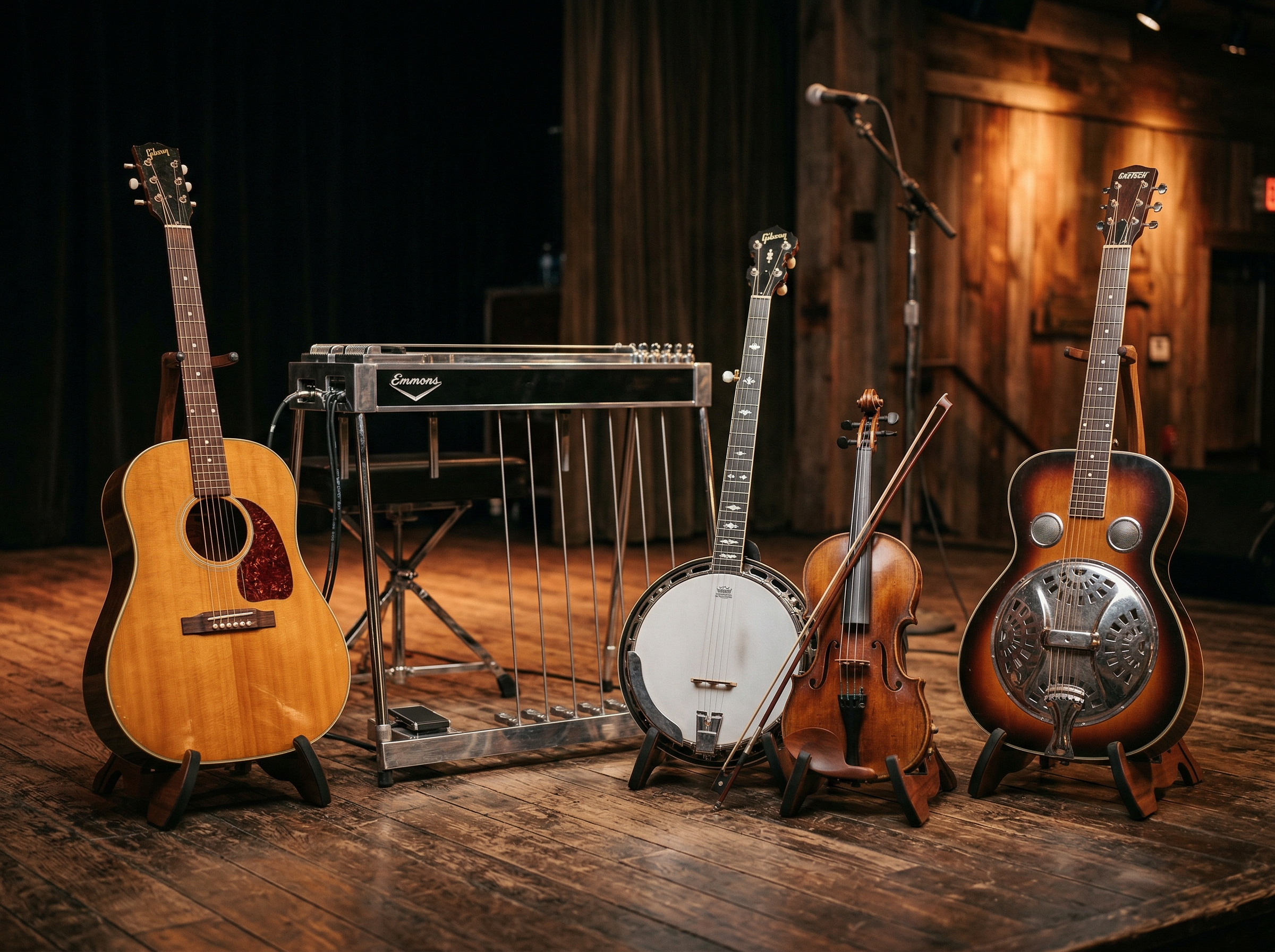 Collection of country music instruments including acoustic guitar, pedal steel, fiddle, and banjo