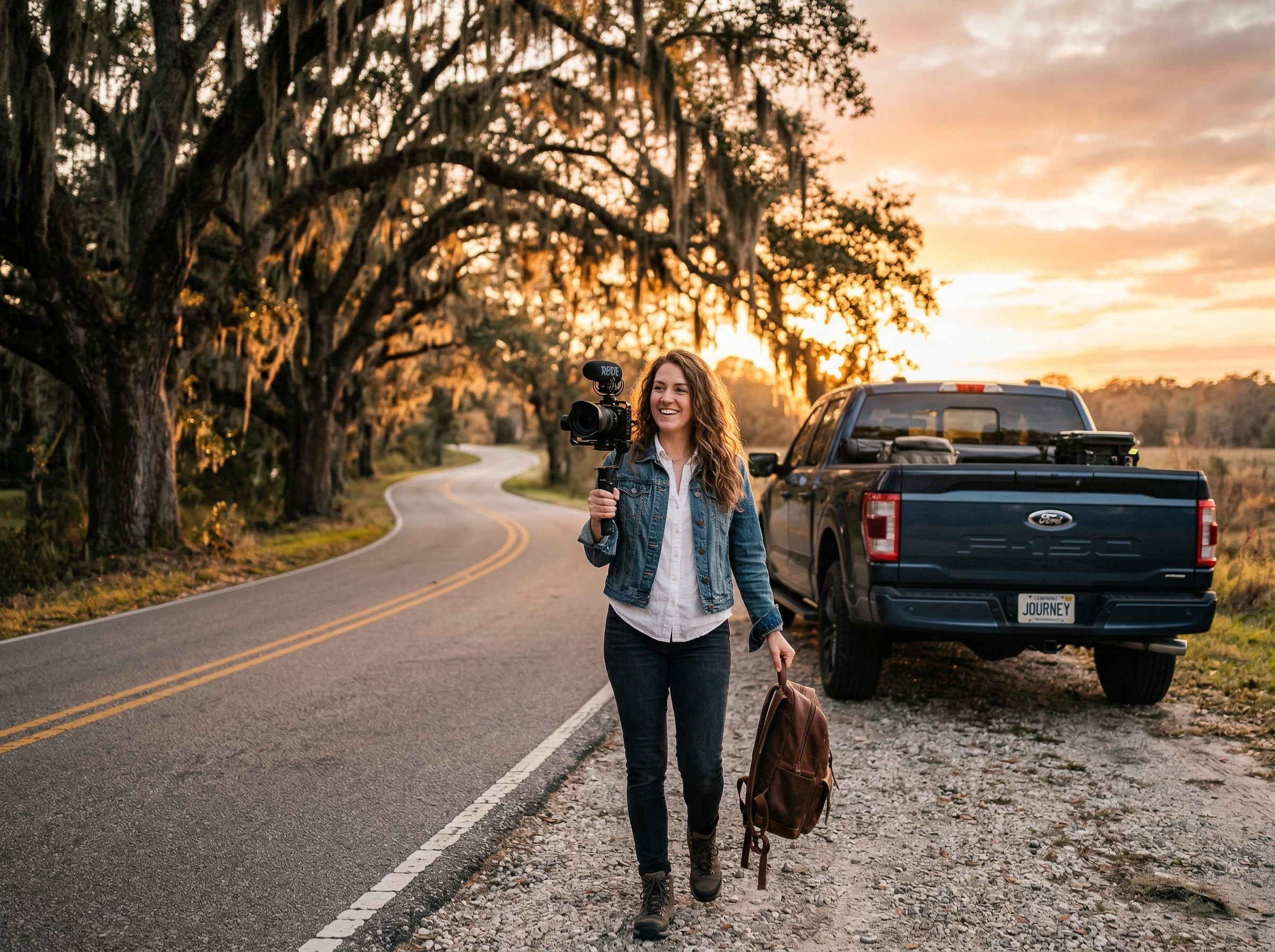Content creator filming a travel vlog in the American South with country music playing