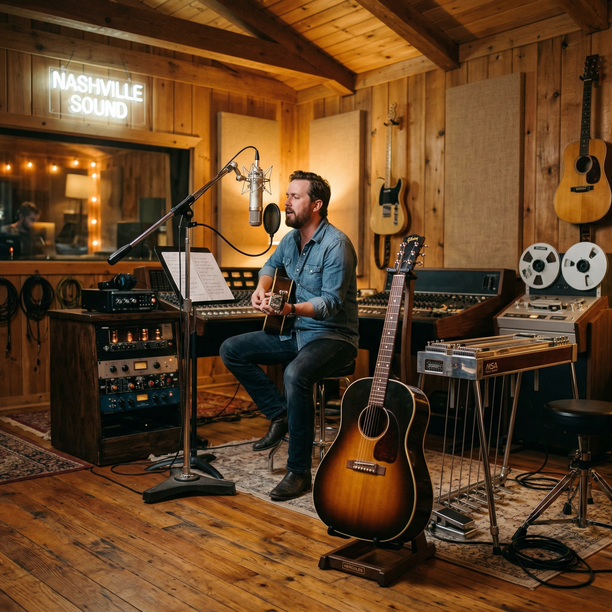 Country music studio with acoustic guitar, pedal steel guitar, and recording equipment