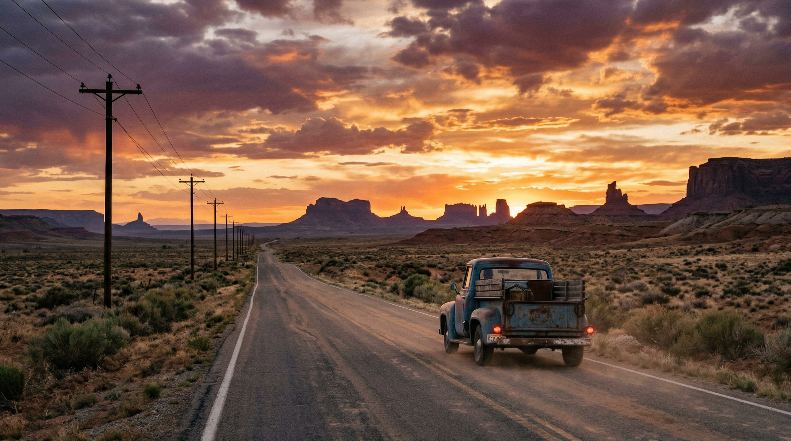 Dusty highway stretching into the sunset with a vintage pickup truck representing outlaw country freedom
