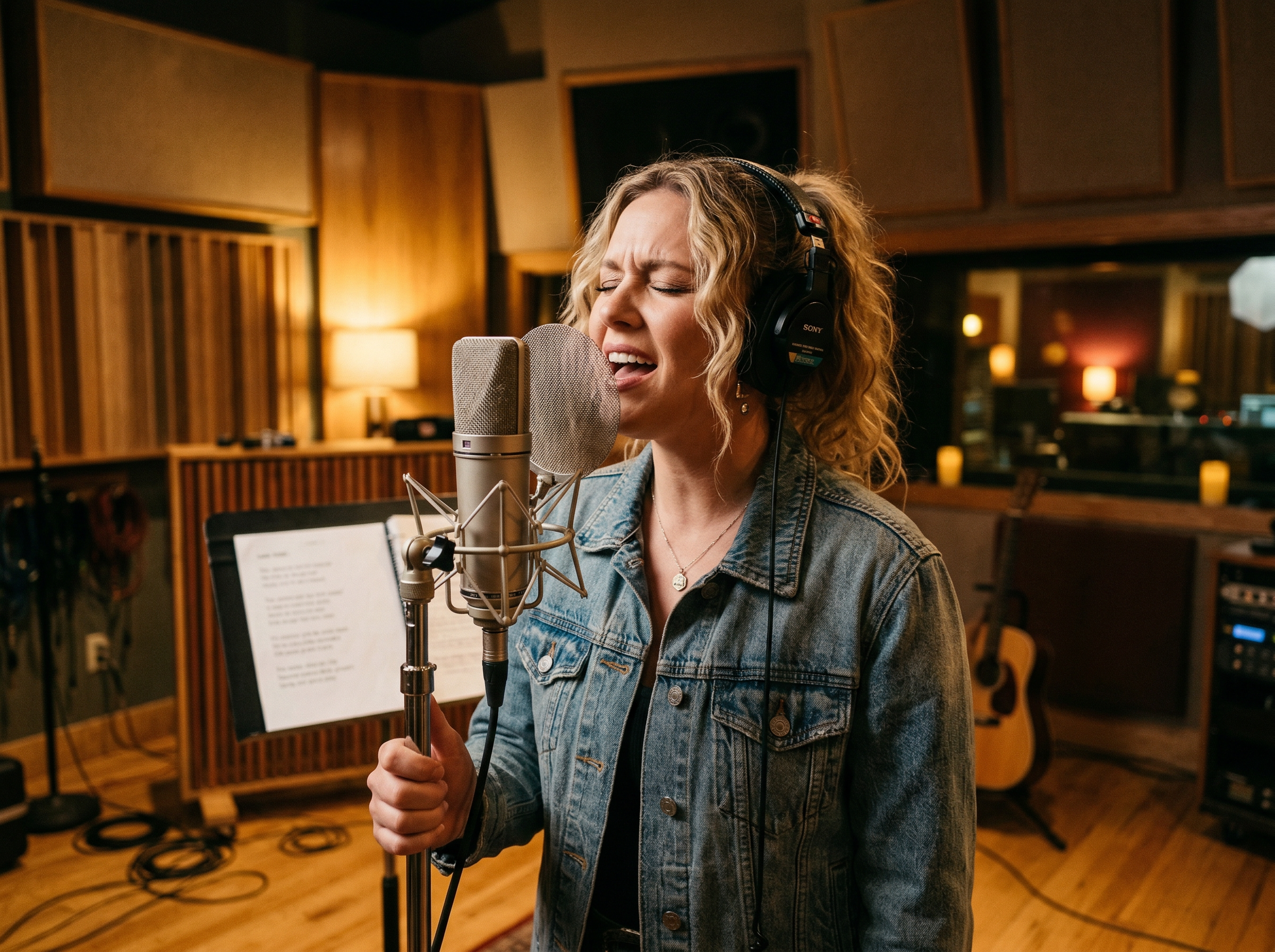 Singer recording country vocals in a professional studio with vintage microphone