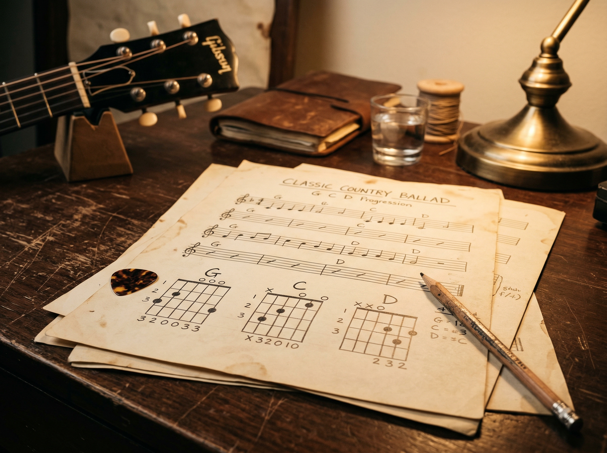 Sheet music showing classic country chord progressions with guitar tablature