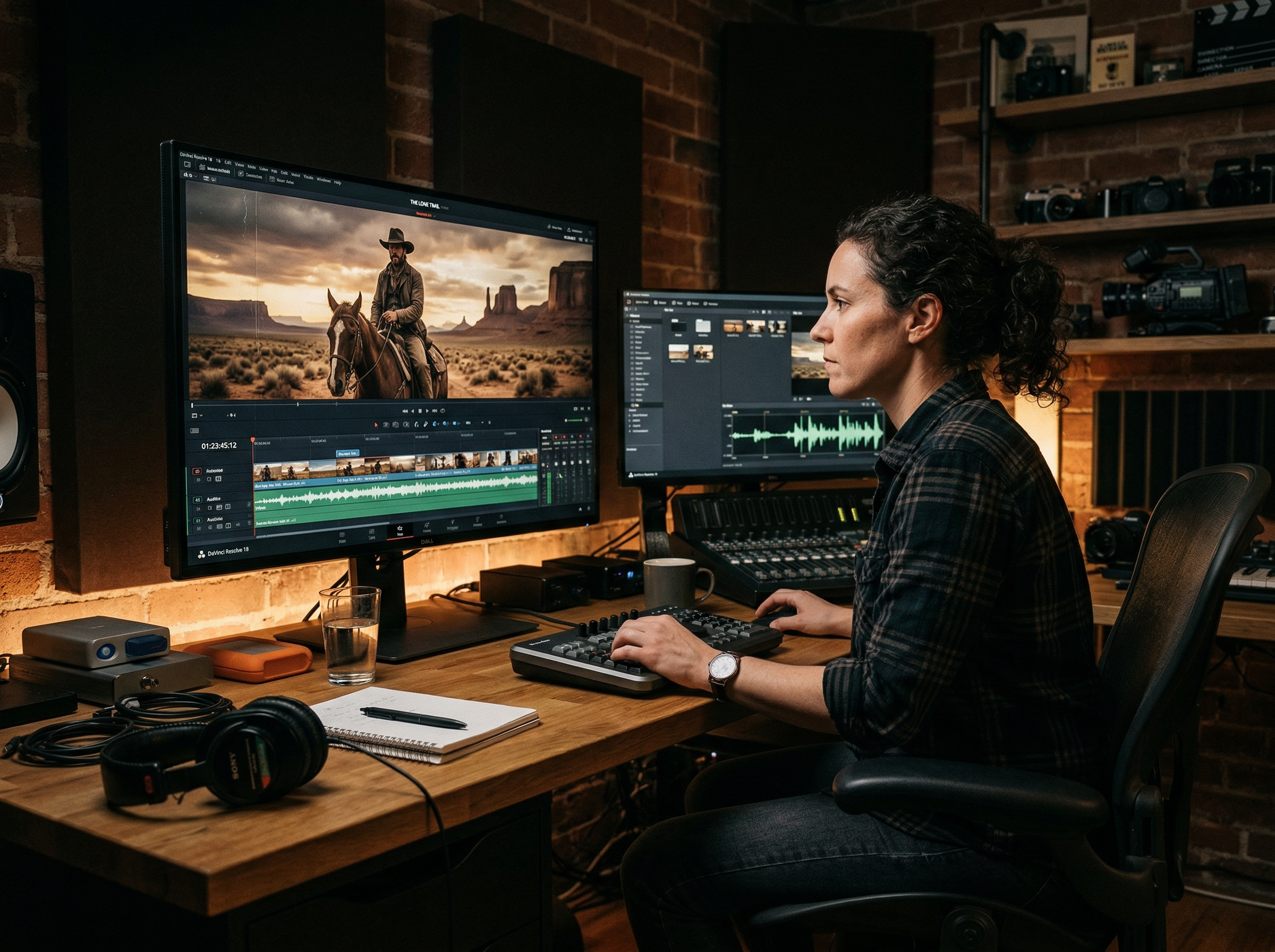 Film director reviewing a Western movie scene with country music score on screen