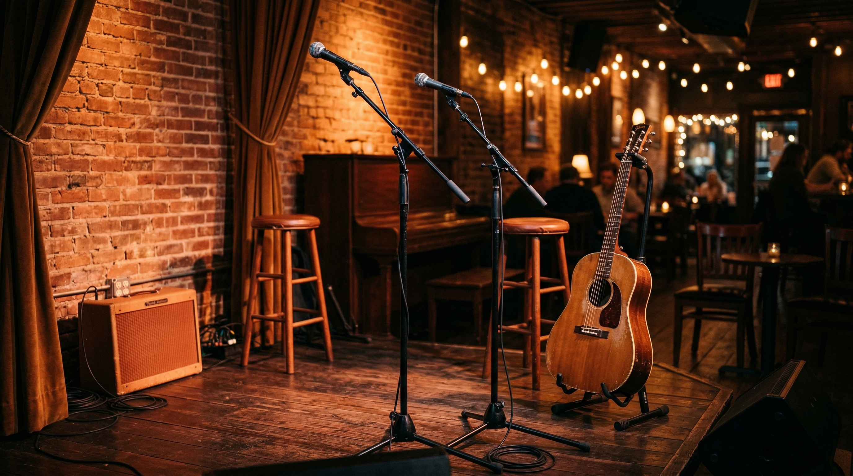 Intimate indie music venue with warm stage lighting and acoustic instruments for Americana performance