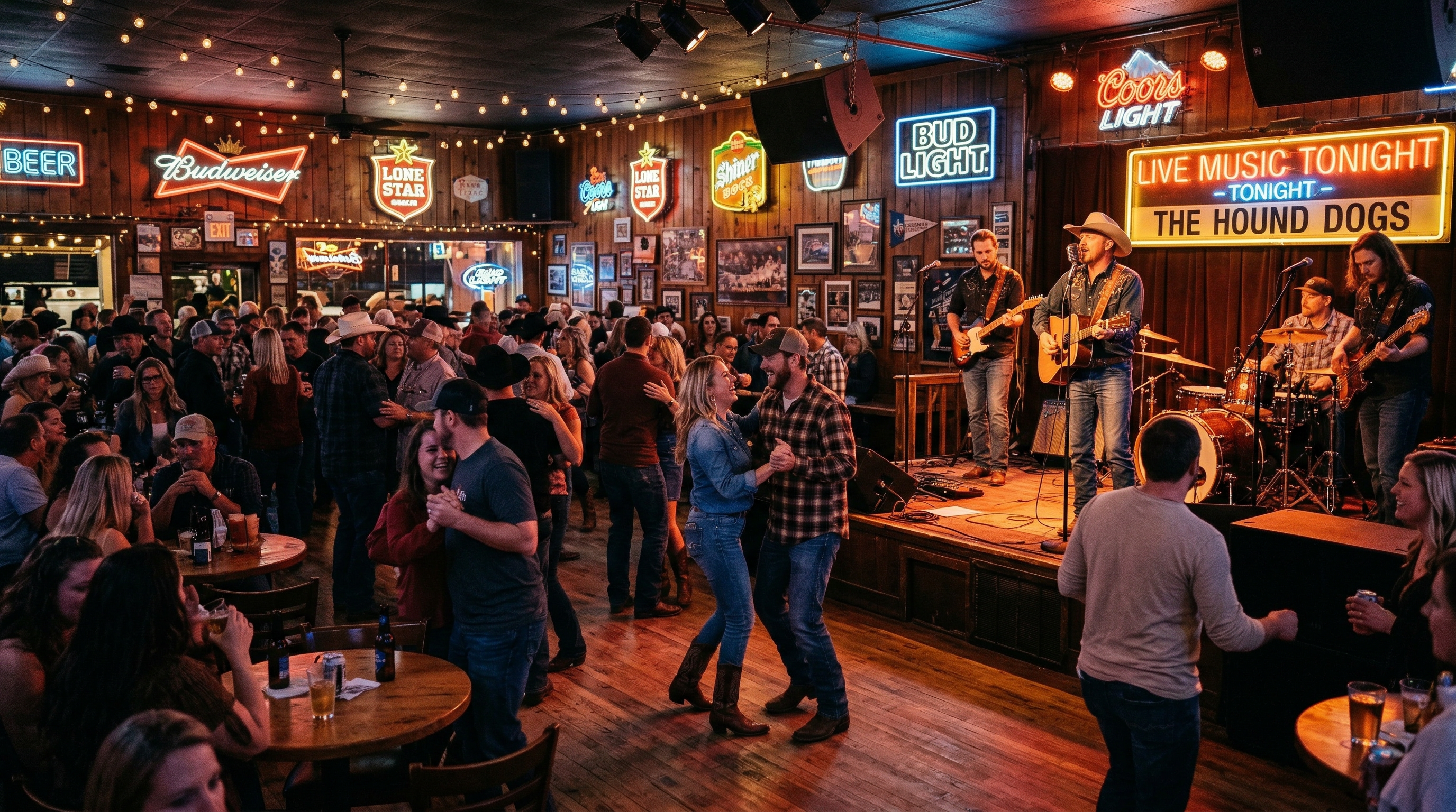 Lively honky tonk bar with neon signs, dance floor, and live country band performing