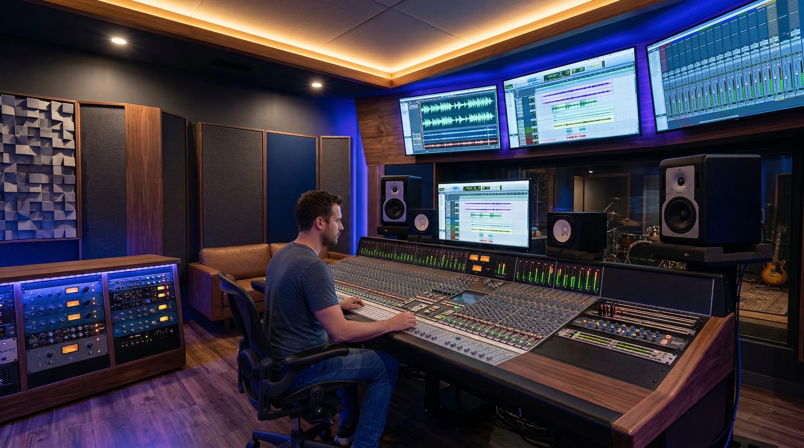 Modern Nashville recording studio with large mixing console and acoustic treatment