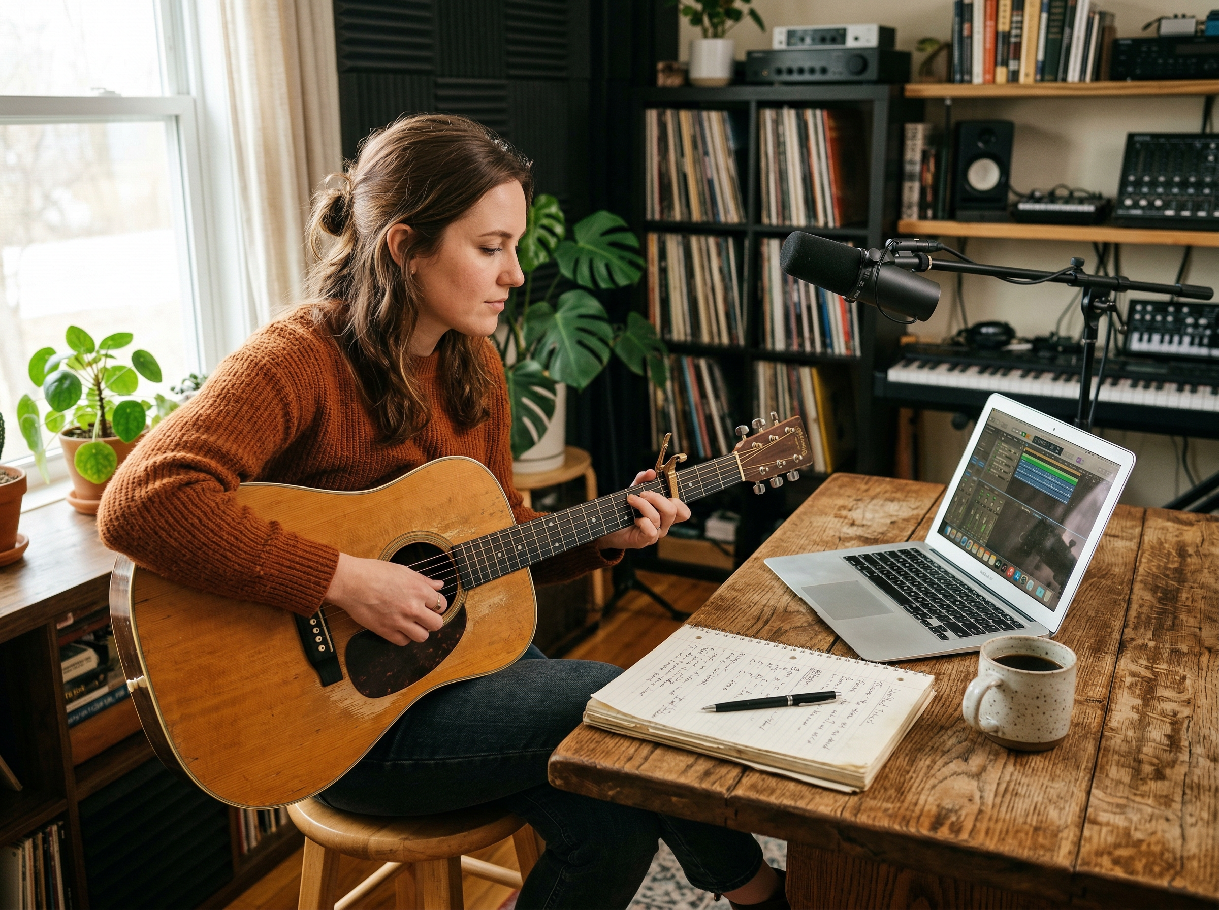 Songwriter working on a country song demo with acoustic guitar and laptop