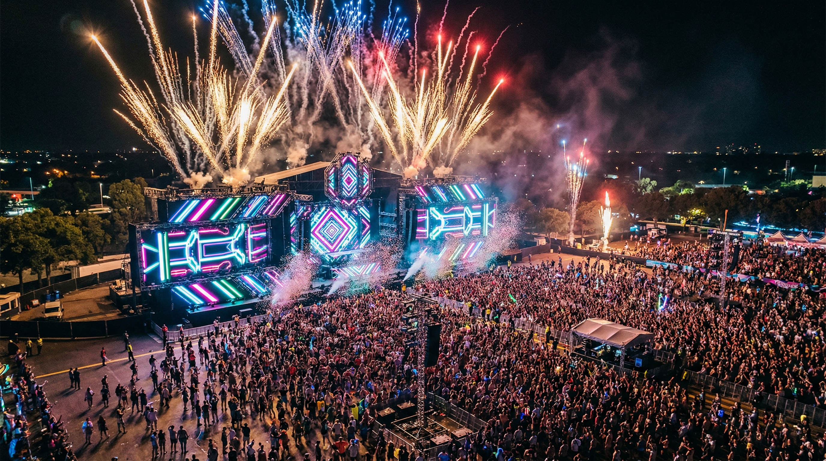 Aerial view of a massive EDM festival main stage with pyrotechnics, confetti, and a sea of dancing fans