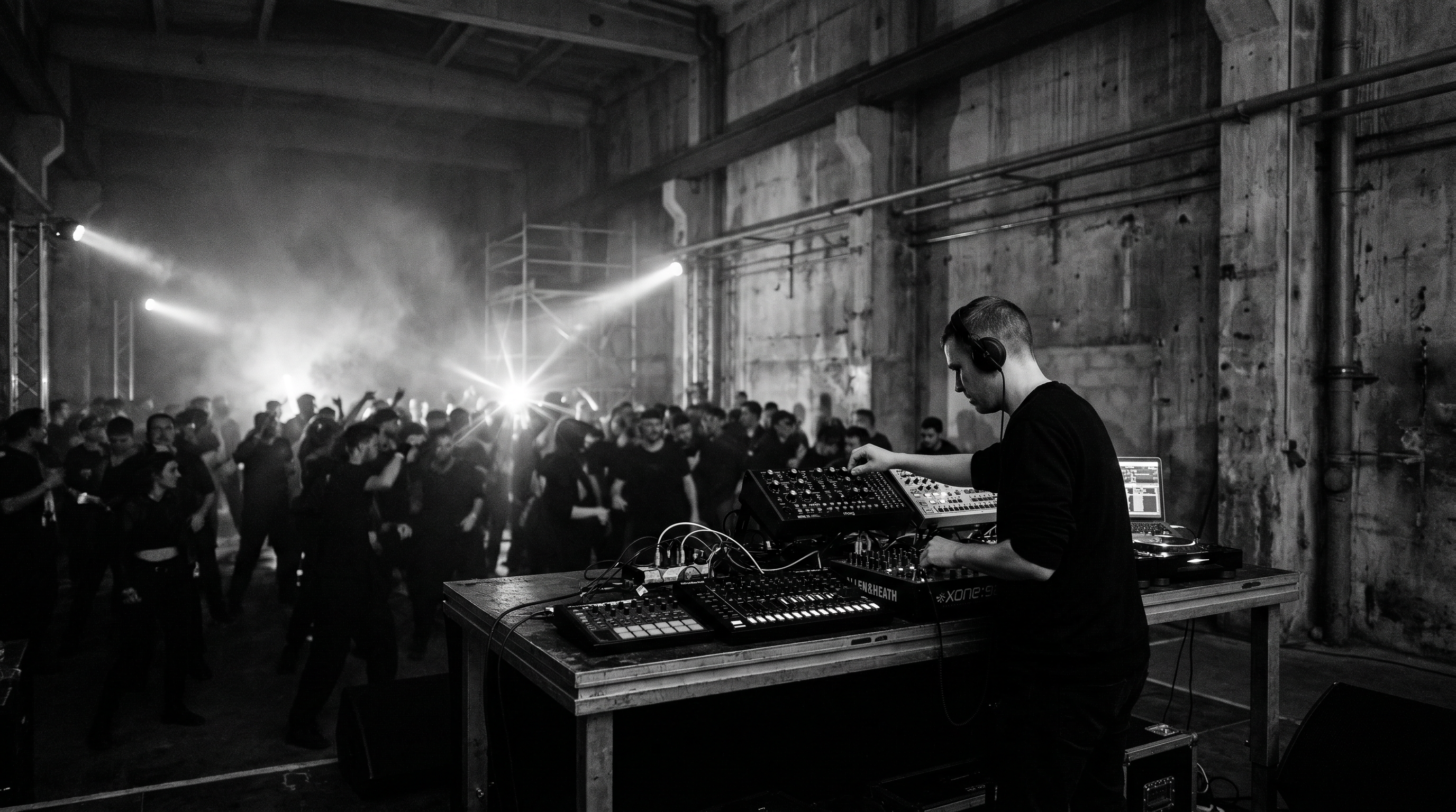 Dark industrial warehouse with strobing lights and minimal techno setup — drum machines and synthesizers on a bare stage