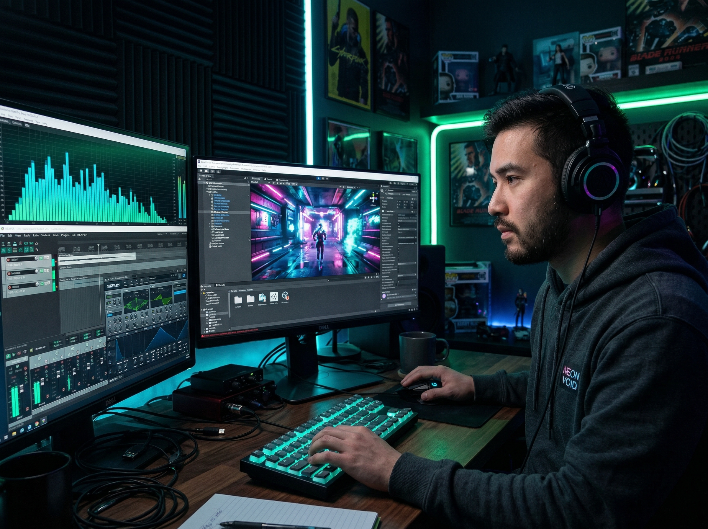 Game developer working on a neon-lit action game with electronic music visualization in the background